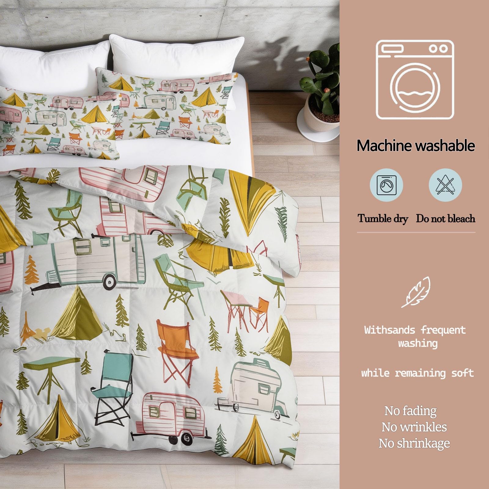 Mehrfarbig Bettdecke 4 Jahreszeiten, Bedruckt Bettdecken Niedlich Exquisit Wohnmobil Bettdecke ohne Bezug Warme & Weiche Waschbar Ganzjahresdecke 135 x 200 cm mit 2 Kissenbezug 80x80