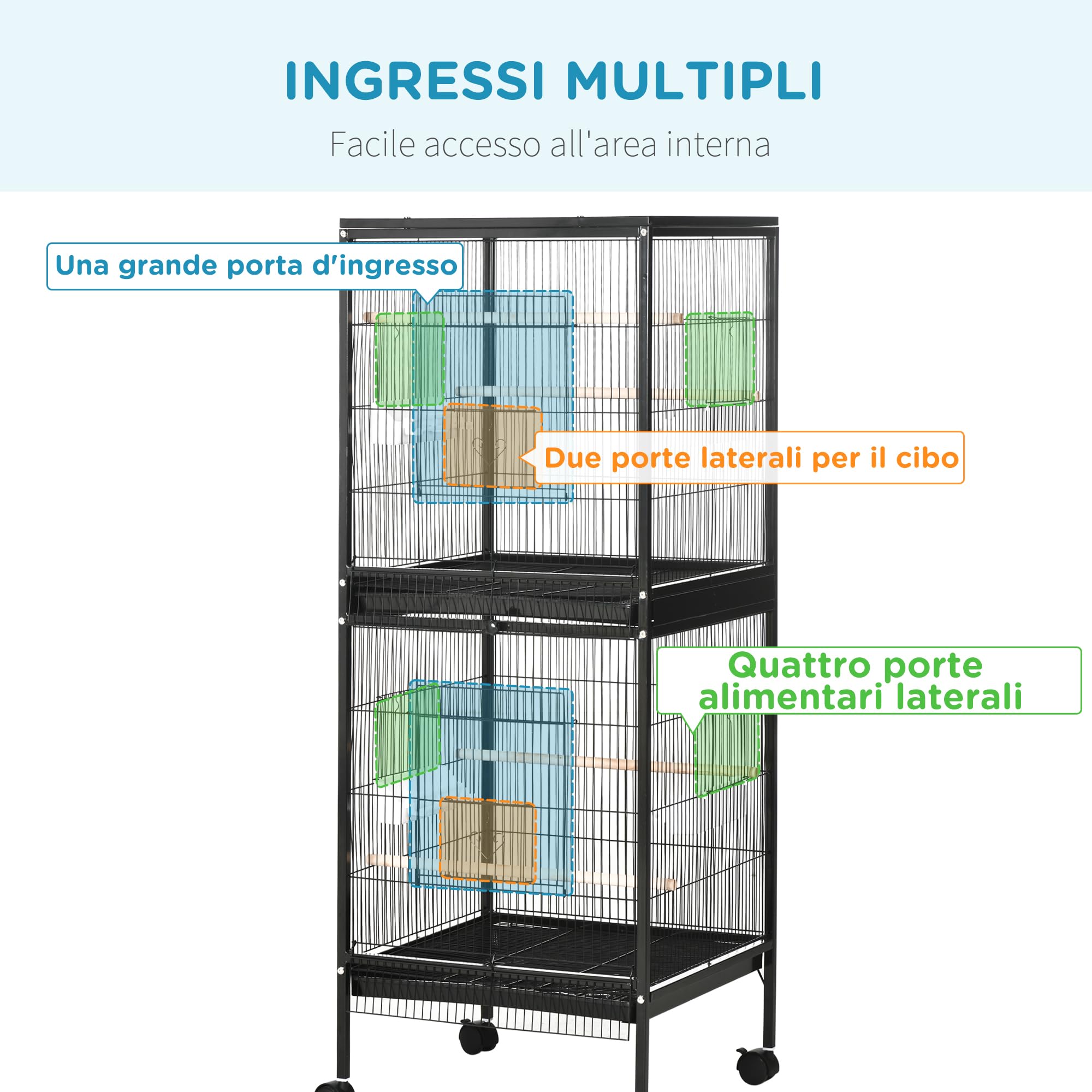 PawHut Gabbia per Uccelli 2 in 1 Voliera per Interni con 4 Ruote Girevoli, Vassoi Estraibili e Contenitori in Plastica, 51.5x50x140 cm, Nero