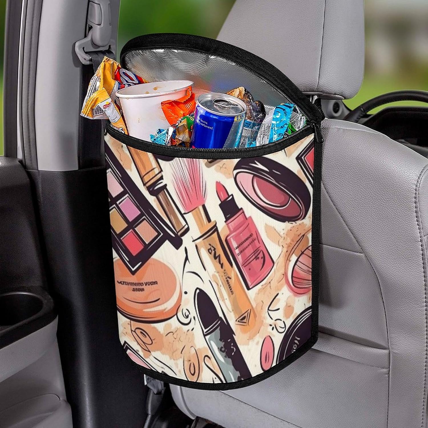 Hanging Car Trash Bag Cosmetic and Makeup Theme Pattern Printed Car Garbage Storage Bag Leakproof Car Trash Can Portable Garbage Storage Bags