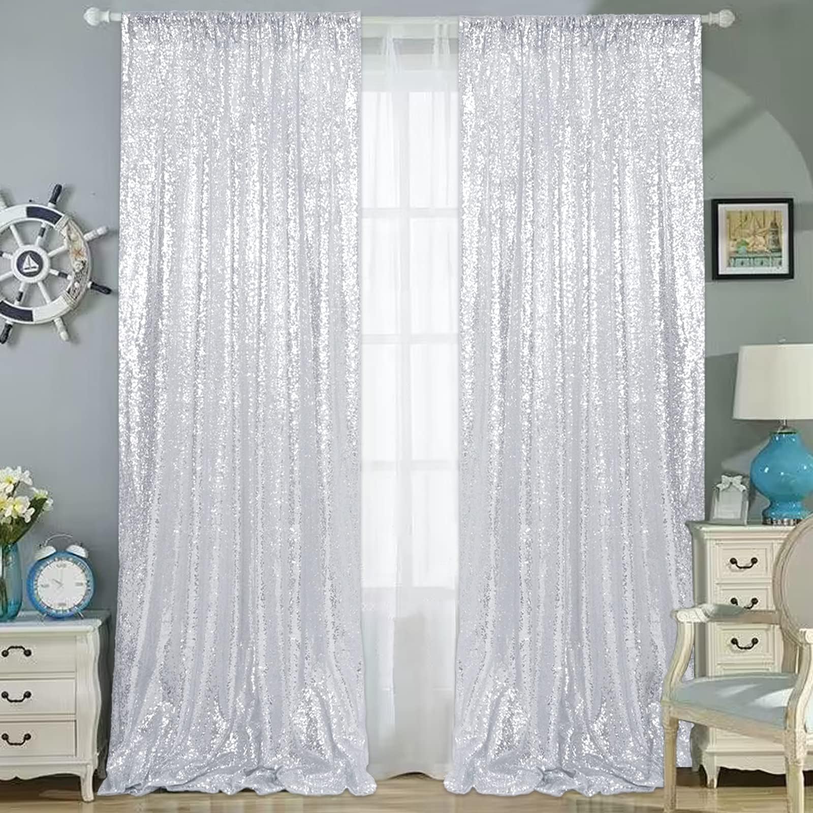 Trlyc 2X8FT Christmas Silver Sequin Curtain Sparkle Sequin Curtain for Wedding Party