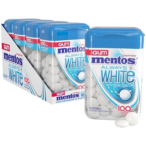 Mentos Always White Peppermint Gum with Xylitol, 100 ct Bottle (4 Pack)