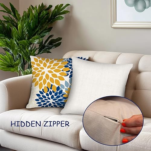 Miniatura 3 de PICKFORU Juego de 4 fundas de almohada amarillas y azules, 18 x 18 pulgadas, patrón geométrico de dalia de flores, fundas de almohada modernas para