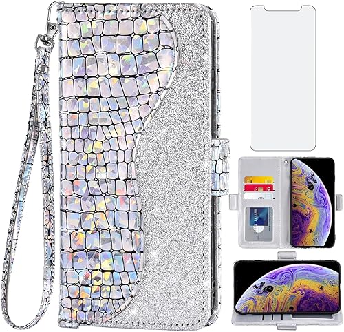 Asuwish Funda de teléfono para iPhone Xs Max con protector de pantalla y correa para la muñeca, soporte para tarjeta de crédito con purpurina