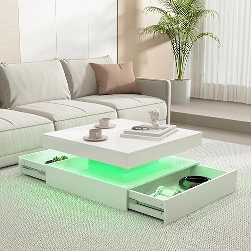 Miniatura 1 de Mesa de centro LED para sala de estar, mesa central moderna de 2 niveles cuadrada de madera de 31 pulgadas