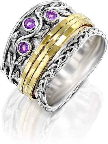 Paz Creations - Anillos giratorios de plata de ley 925 para mujer con piedras preciosas naturales, banda gruesa con patrón martillado, joyería