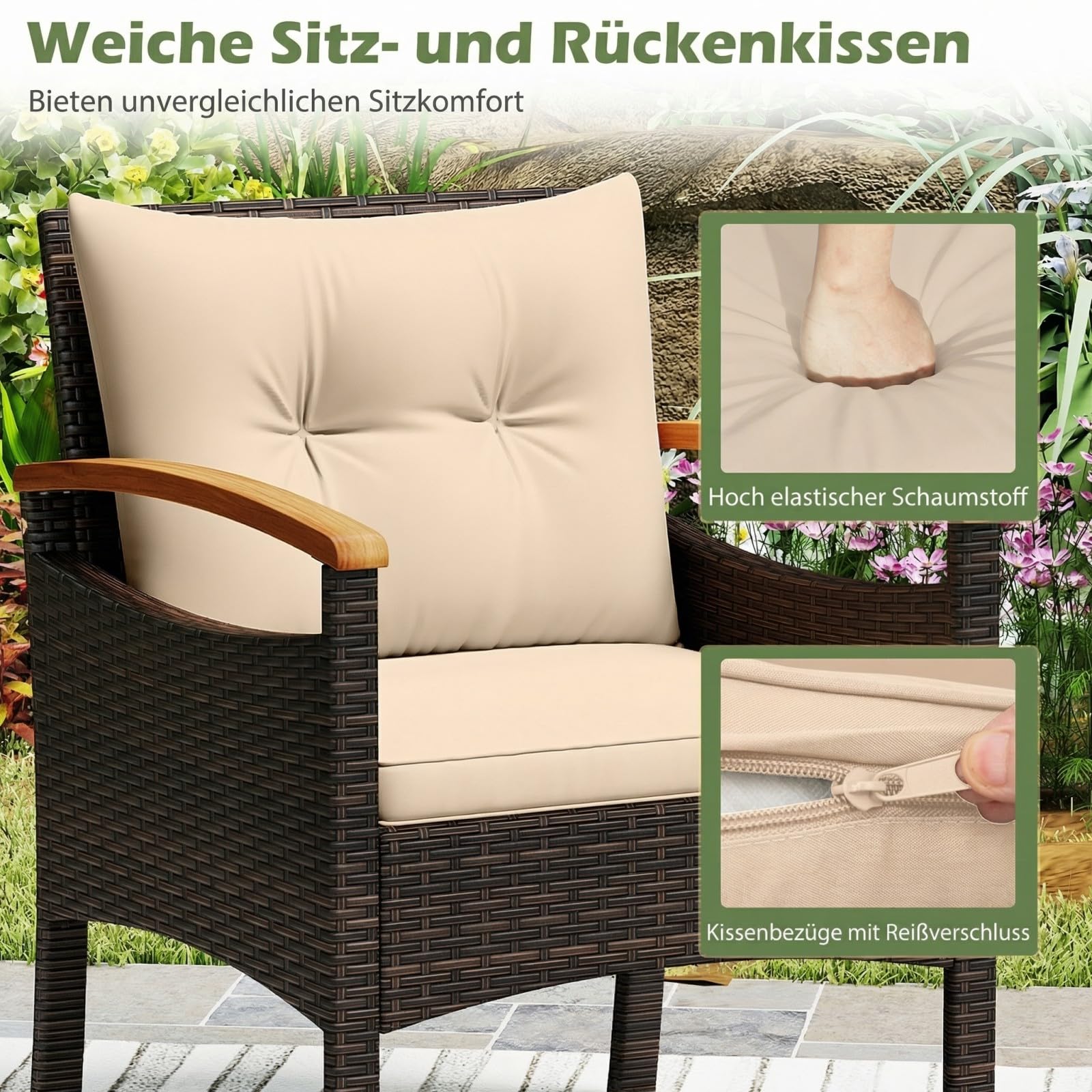 SOARS Salón de Jardín 3 Piezas, 2 Sillones de Ratán PE, Mesa de centro con bandeja de madera de acacia, Cojines acolchados extraíbles, Almohada Lumbar, Muebles para Patio, Terraza (Marr+Beige)