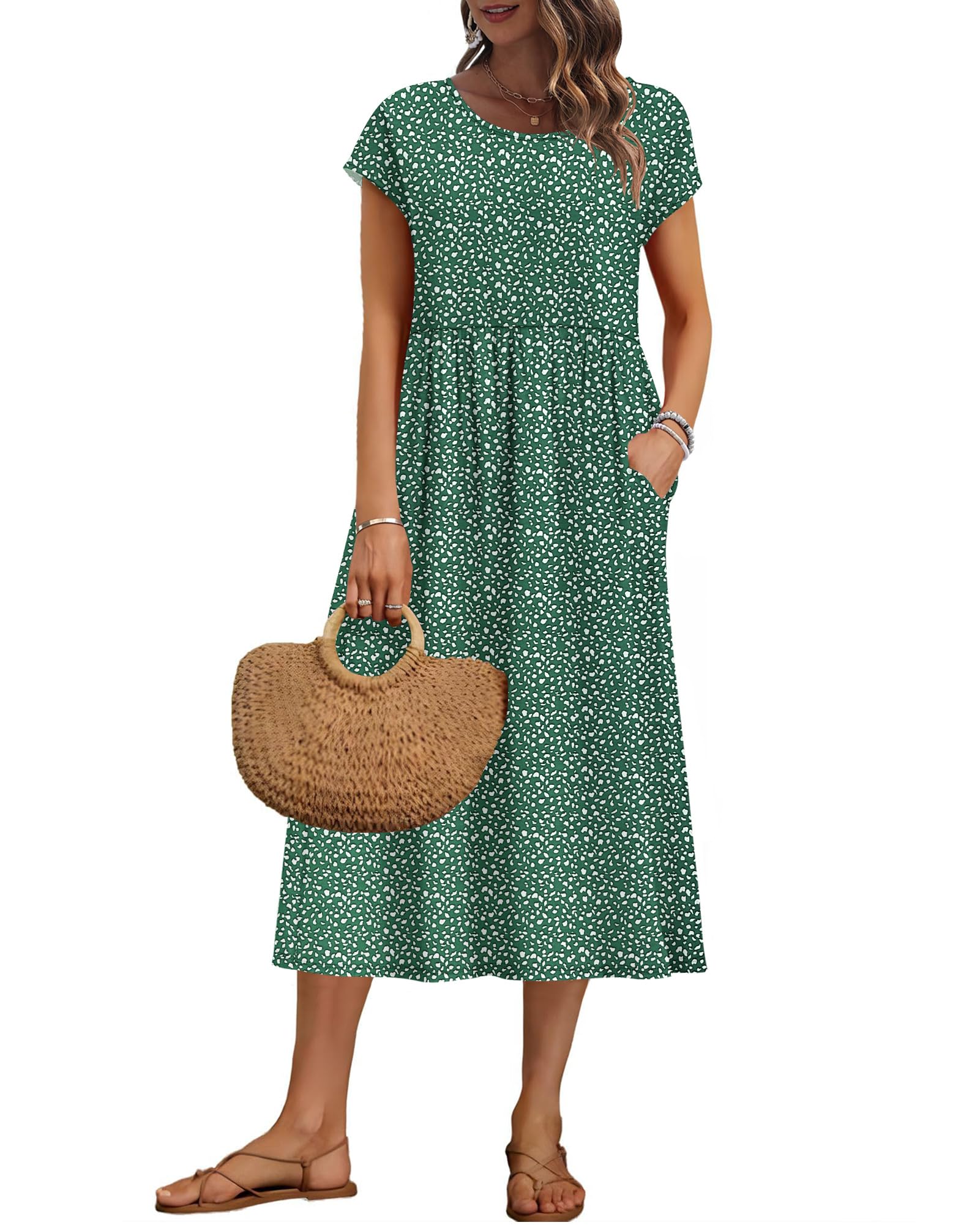 Auselily Women's Deep Green Pattern Summer Short Sleeve Knee Length Dresses Basic Shift Midi Floral Dress With Pockets, Deep Gn Pattern S