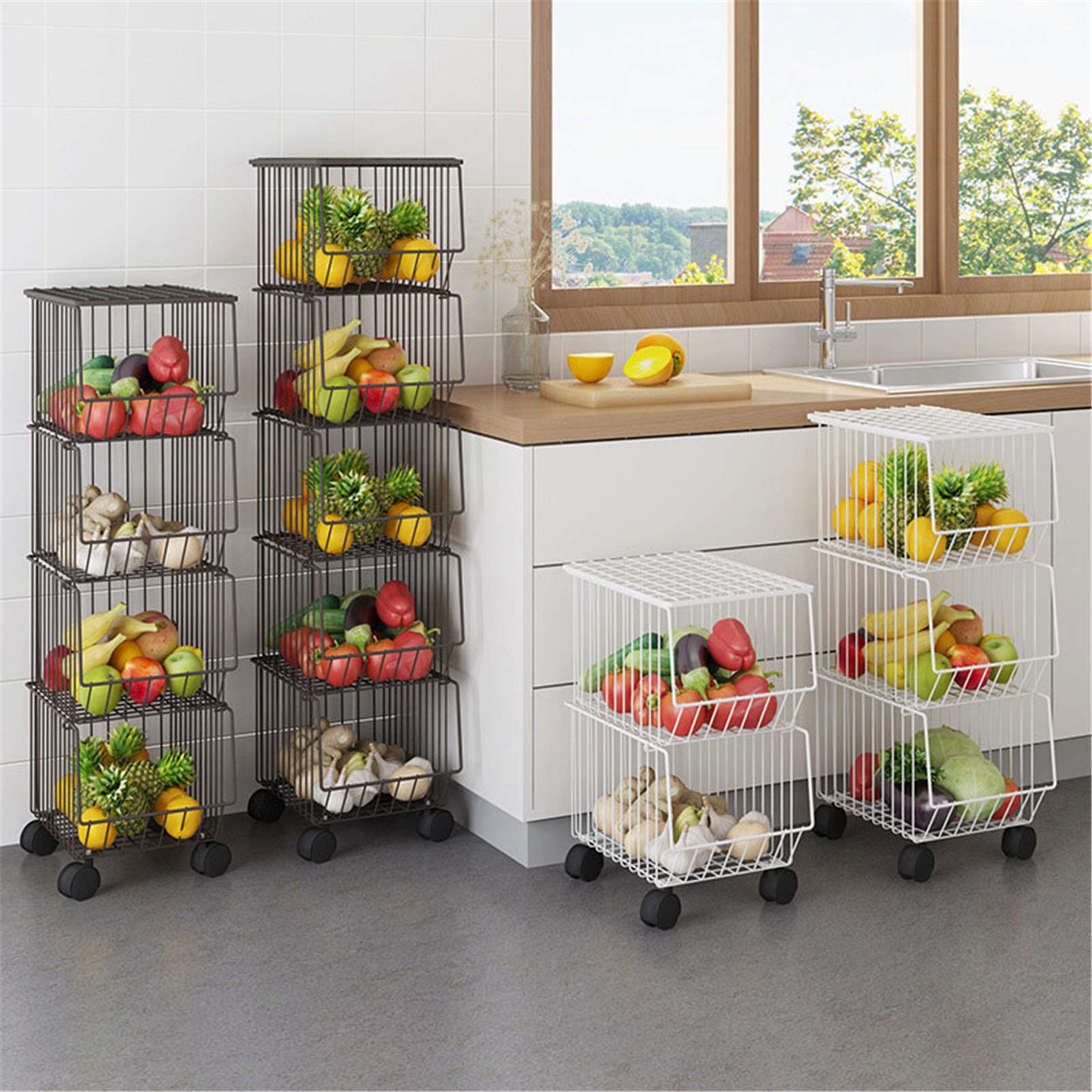 Dreischichtiger Obstwagen, Obstkorb aus Metalldraht mit Rädern und Deckel, Organisator für die Küche, Vorratsschrank, Schlafzimmer, Badezimmer