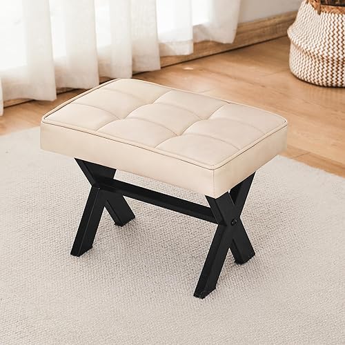 LUE BONA Taburete otomano, 12" H, piel sintética, reposapiés acolchado, duradero, multifuncional, antideslizante, fácil montaje, almendra