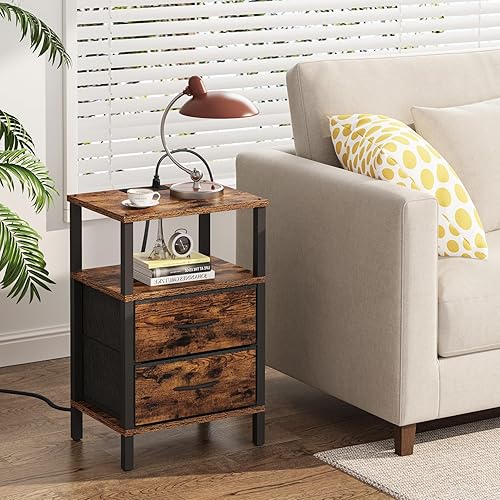 Miniatura 2 de TUTOTAK Mesa auxiliar con estación de carga, mesa auxiliar con 2 puertos USB y tomacorrientes, mesita de noche con cajón de tela, juego de 2, mesa