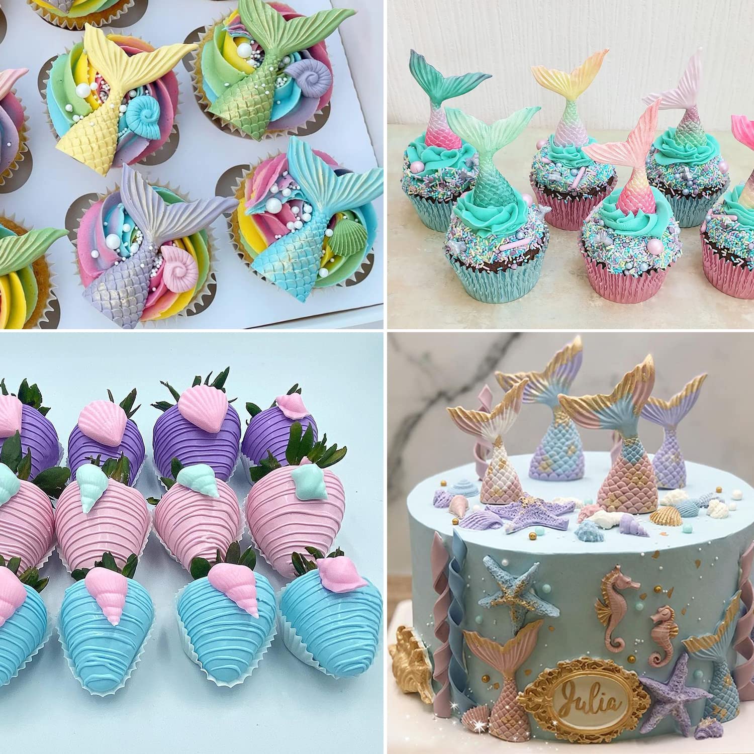 Moldes de silicona para fondant, paquete de 4 moldes de silicona con temática marina, caracola, estrella de mar, moldes para hornear para decorar pasteles, dulces, chocolate, proyectos de