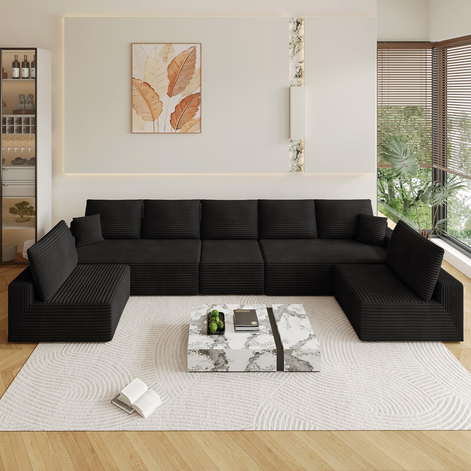 Oversized Modular Sectional Sofa Couch, Large 7 Seater Corner Sofa Modern U Shaped Sectional Couch Cloud Couches for Living Room, Office, Spacious Space, Corduroy, No Assembly Required, Black