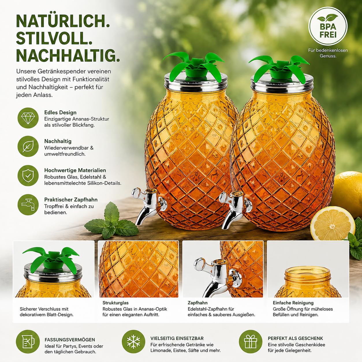2er Set Getränkespender je 4,5L Ananas Glas mit Zapfhahn Getränkebehälter Saftspender Limonadenspender Partyspender Deckel 30cm für Cocktails Eistee Spender - gelb orange