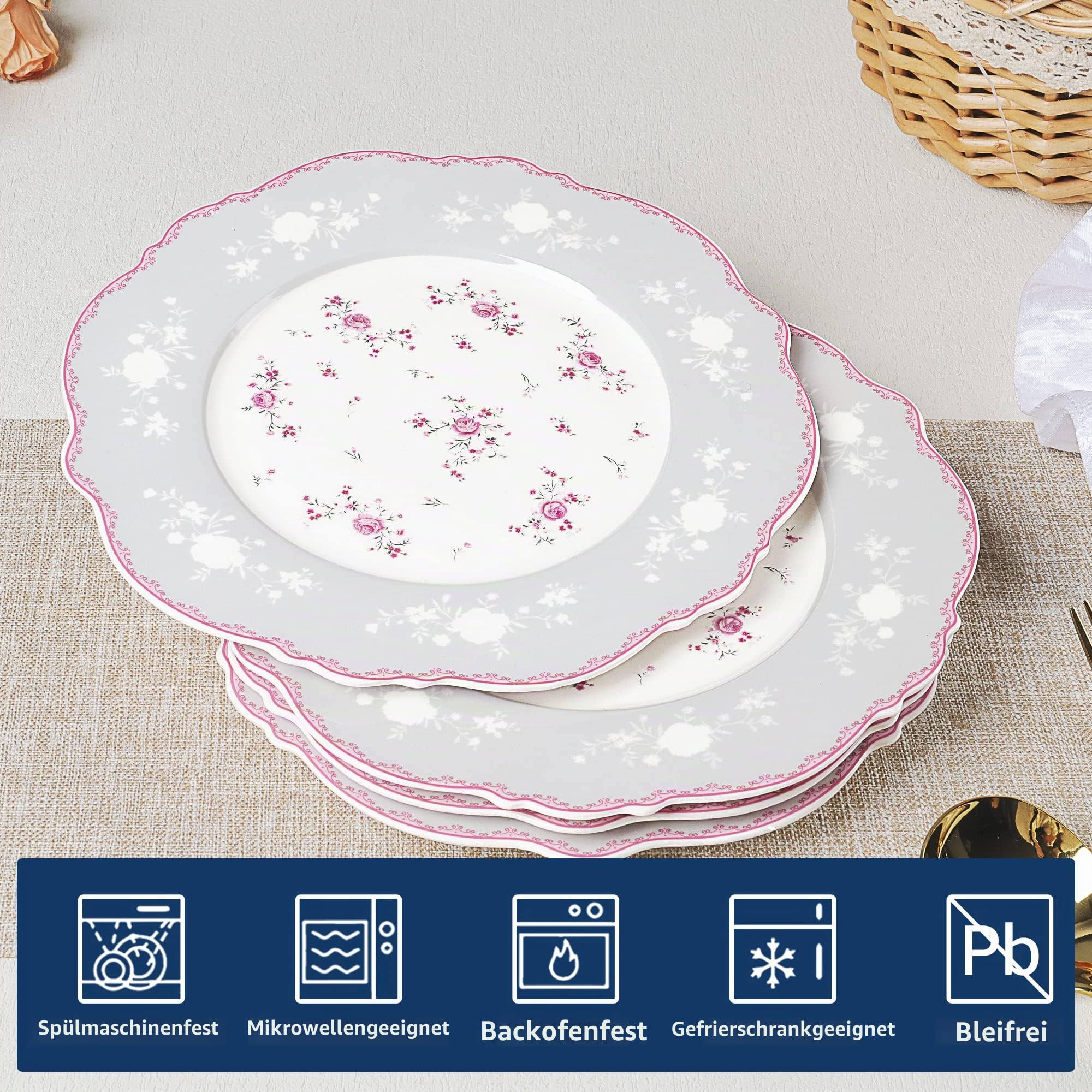 fanquare 4 Stück Dessertteller aus Porzellan Set Ø 208 mm Frühstücksteller mit Goldrand, Rosa Blumen Tafelservice für Weihnachten Geschenk und Haushalt
