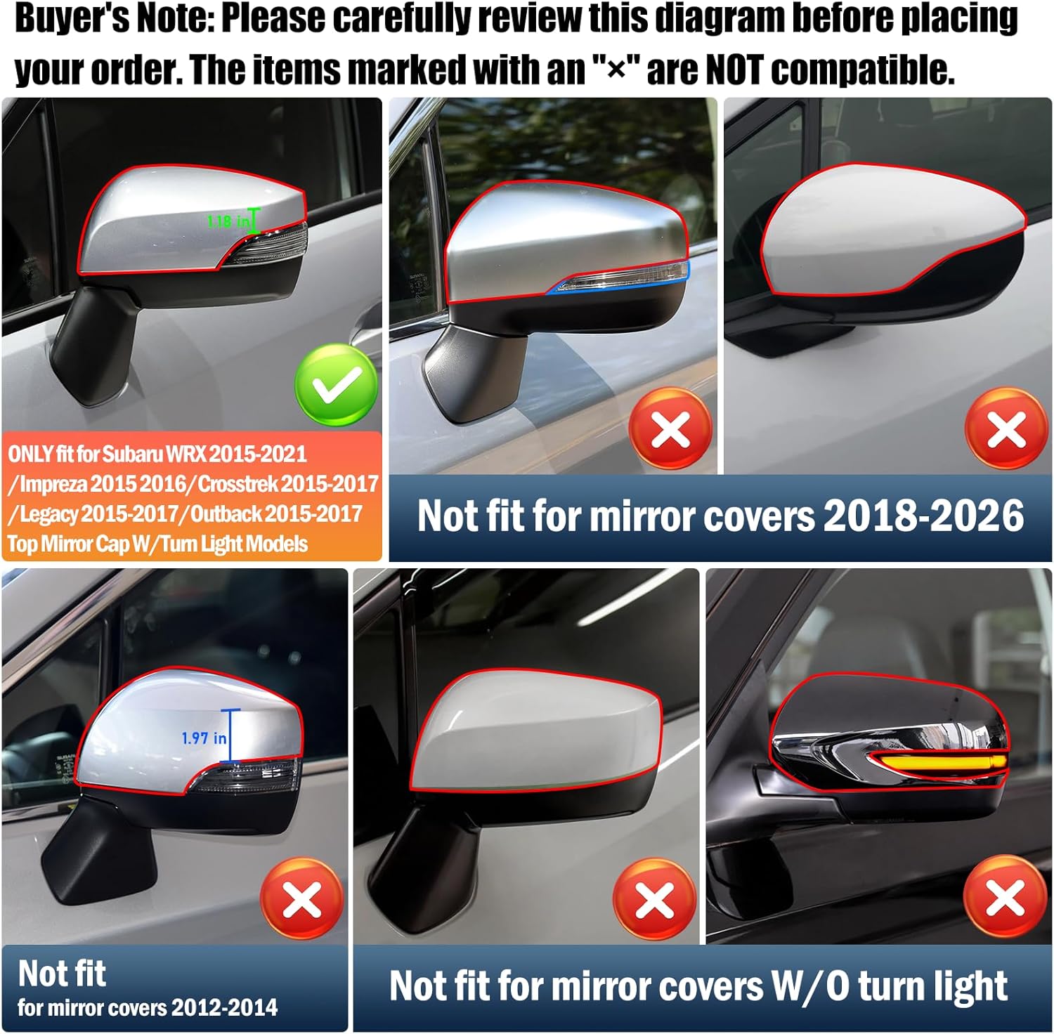 Yumzeco 1PC Compatible with Subaru Mirror Cover WRX/Impreza/Crosstrek/Legacy/Outback, Driver Side Subaru Mirror Cap W/Light Clip-on Replacement Replace for 91059VA030 SU1326102(Left,Glossy Black)