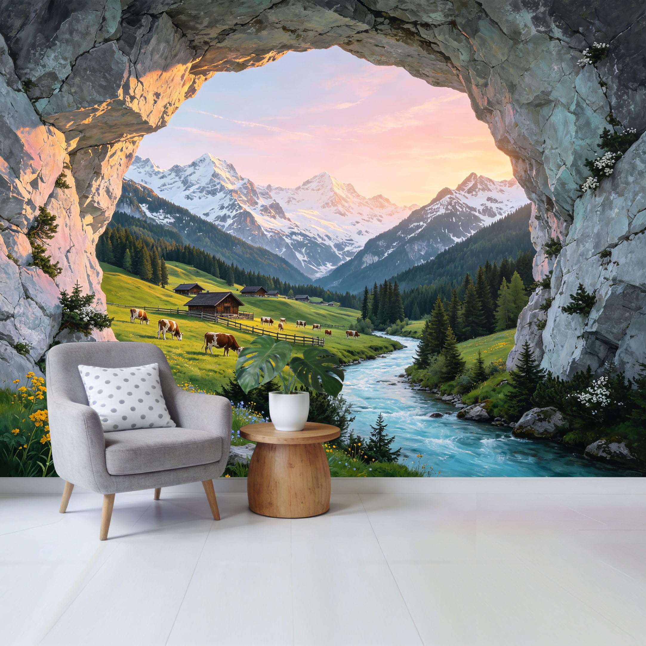 Custom Size Wall Mural Mountain Valley Landscape with River Cows and Alpine Meadow View Removable Self Adhesive Fabric Home Wall Decor for Living Room Bedroom Bathroom