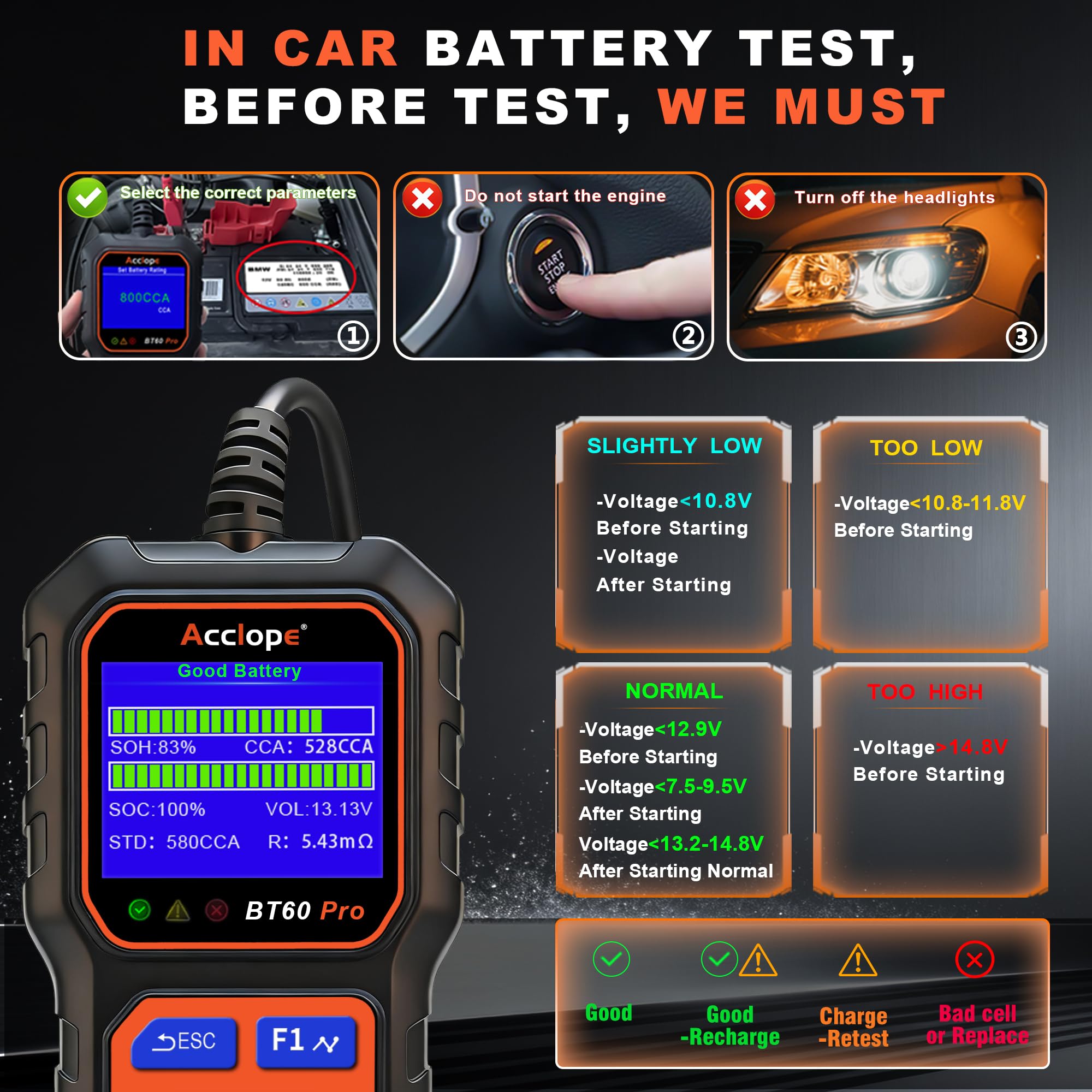 BT60 Pro 100-3000 CCA Comprobador de Baterías con Impresión en la Nube 6V 12V 24V AGM Litio Gel Analizador Digital Alternador Sistema de Carga y Arranque para Vehículos Camiones Motocicletas