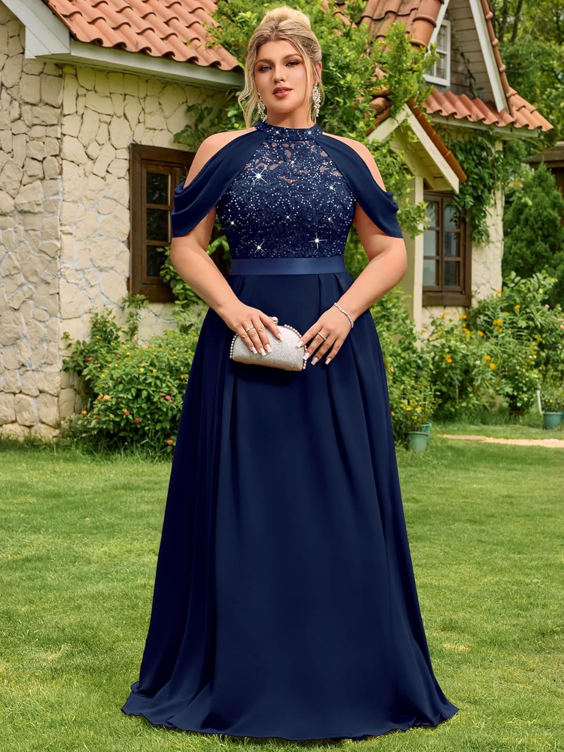 MISSMAY Women's Plus Size Dress Sequin Lace Halter with Cape Sleeves Evening Formal Maxi Dress - Image 4