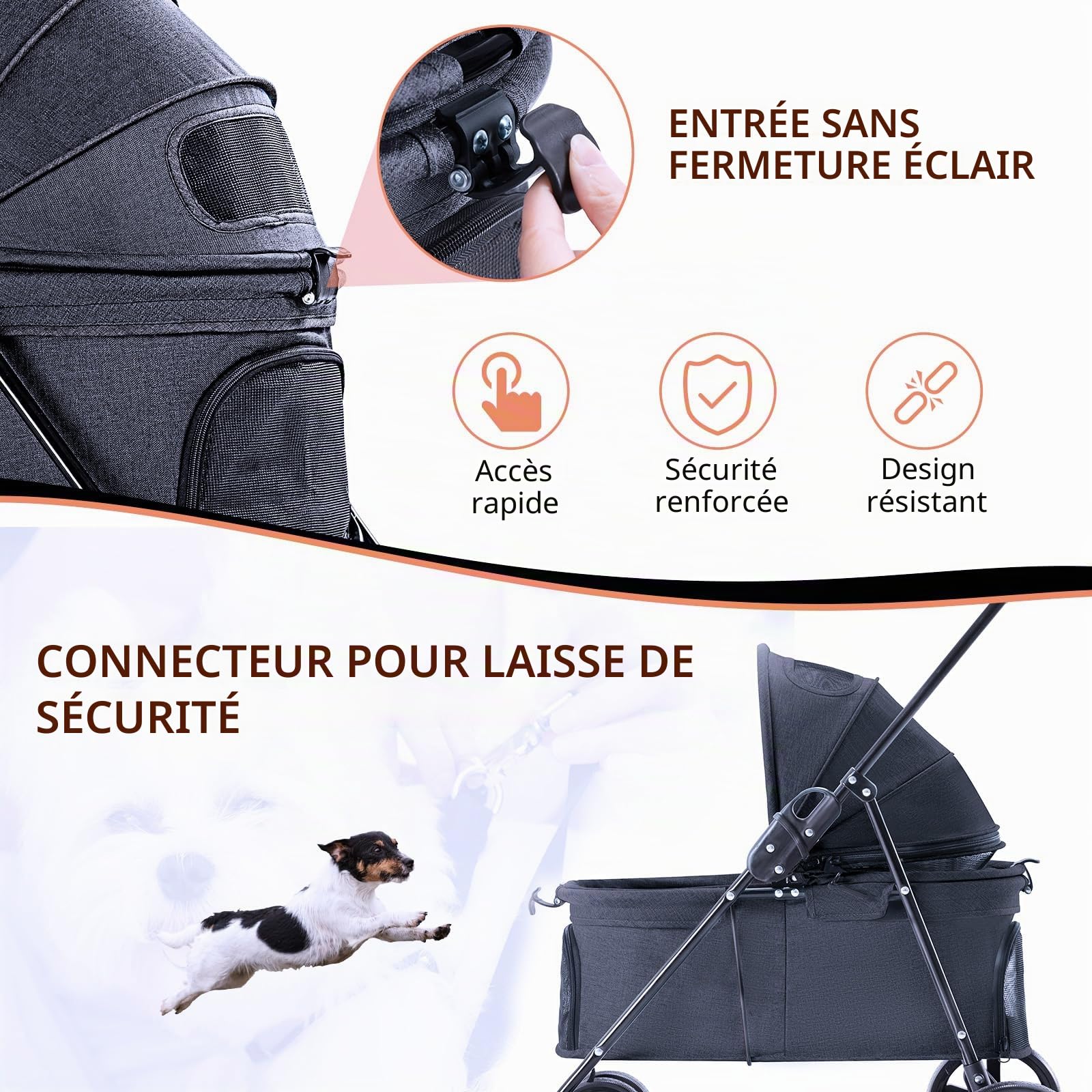 Poussette pour Chien Pliable jusqu'à 15kg - Véhicule Léger Compact pour Transport Sécurité, Promenade Voyage (Noir)