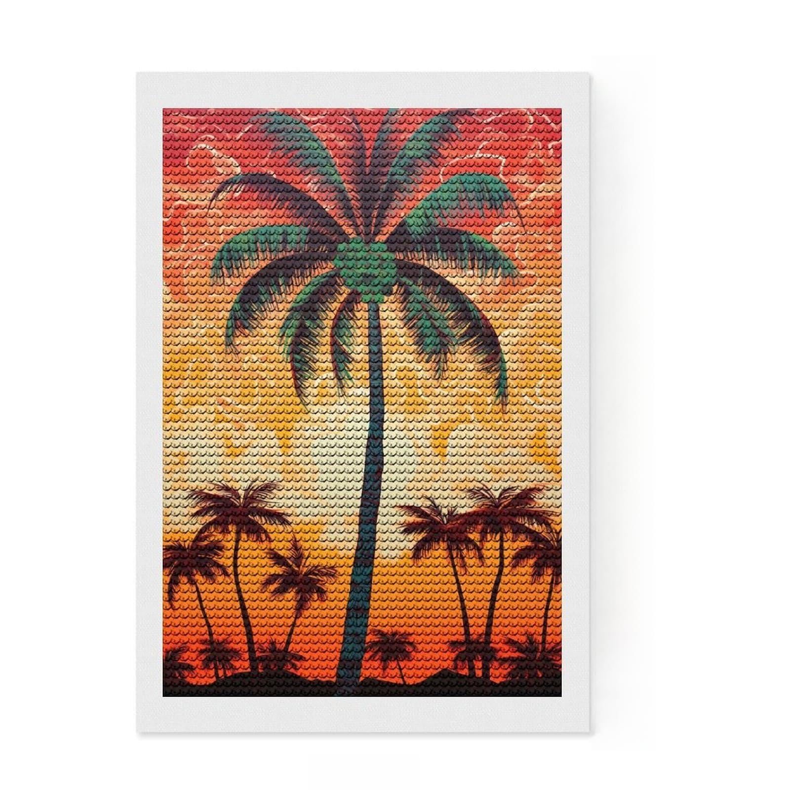 Junmoney Coconut Sunset Oasis Diamond Art Canvas 8"x12", Birthday Gift, for Adults, Creative Leisure Activity, Aesthetic Room Decor
