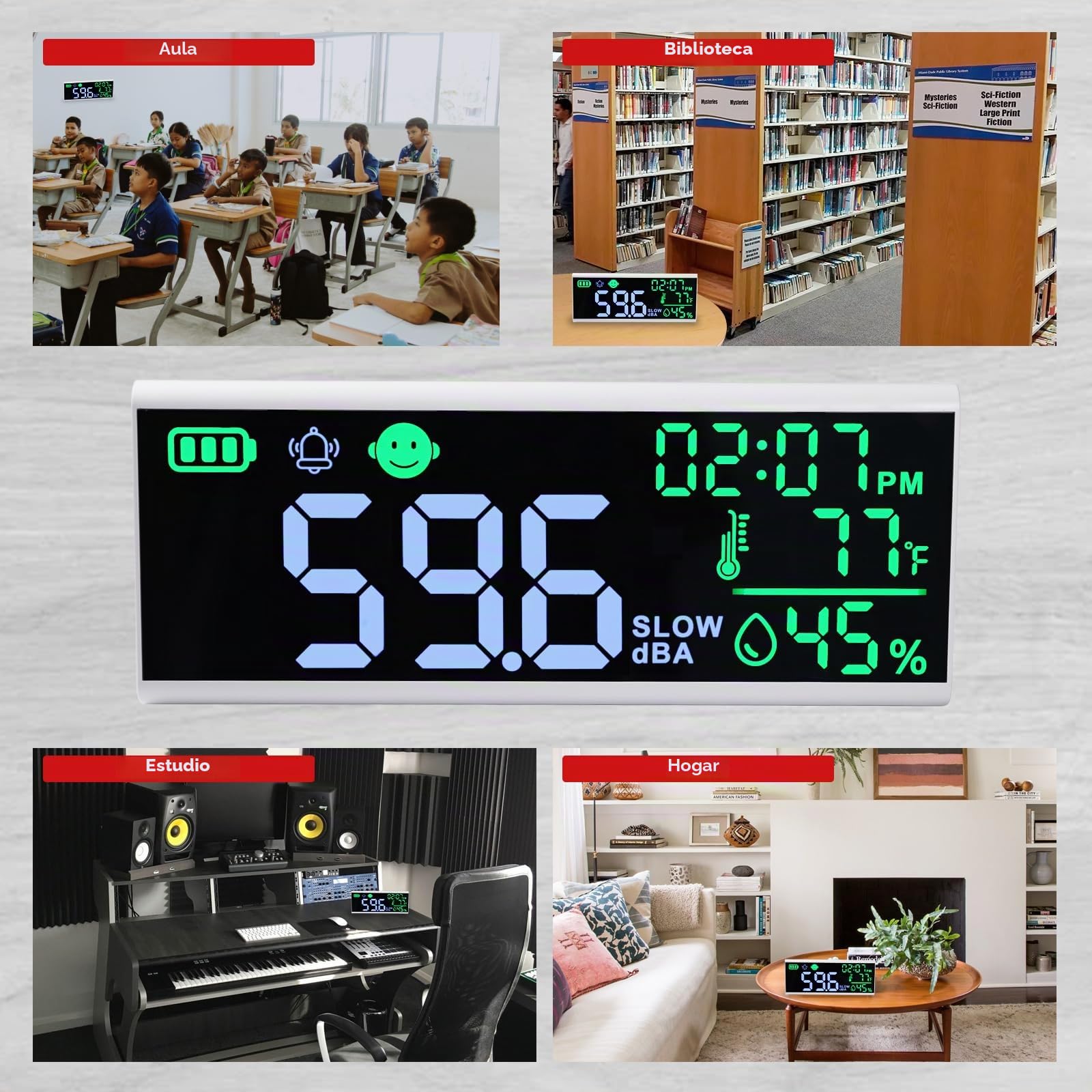 Medidor de decibelios de 13 pulgadas, medidor de nivel de sonido de pared y mesa, gran dispositivo LED para mostrar decibelios, hora, temperatura y humedad con zumbador y alarma de símbolo para aulas