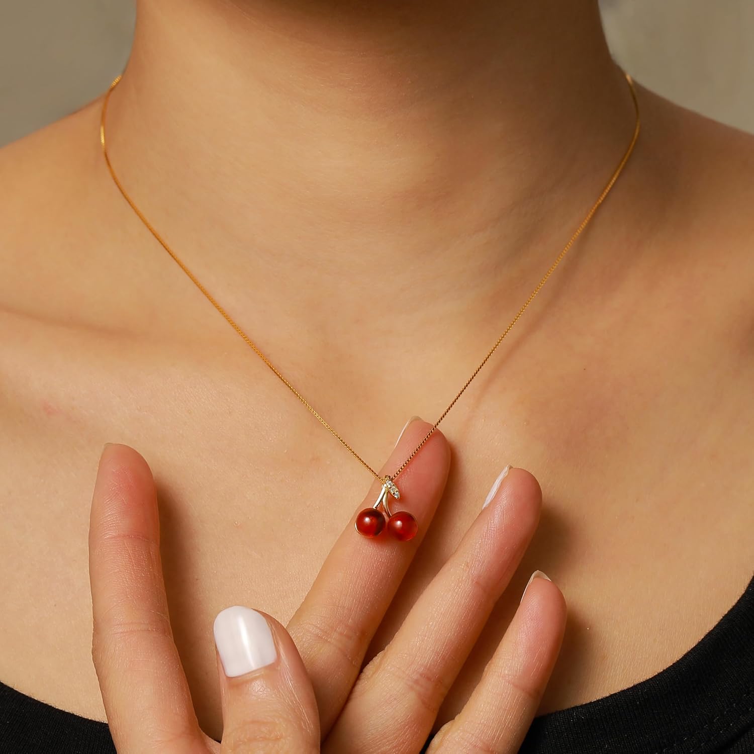 Dainty 14K Gold Plated Cherry Necklace for Women 925 Sterling Silver Red Garnet Gemstone Cubic Zirconia Pendant Choker Necklace for Mother Daughter Creative Cute Summer Fruit Birthday Mothers Day Jewelry Gifts - Image 6