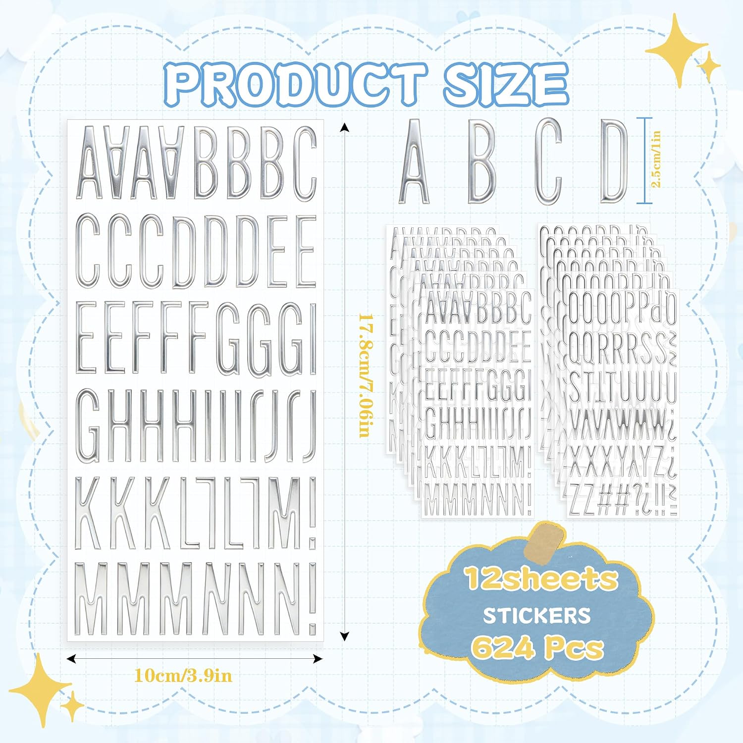12 Sheets Silver Letter Stickers, 624 Pcs 3D Puffy Alphabet Stickers for Scrapbooking, Waterproof Self-Adhesive Golden Foam Letter Stickers for Grad Cap Decoration Sign DIY Crafts Art Making