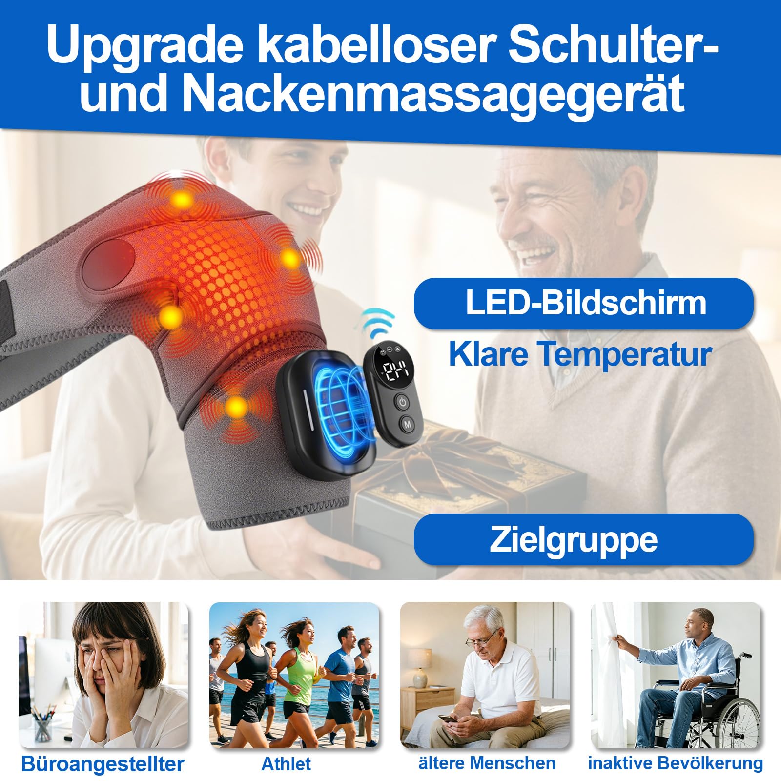 Schulter Massagegerät, 3-in-1 Massagegerät mit magnetischer Steuerung, Schulterbandage mit 5 Heizstufen & Vibration, 5000mAh Akku, 6600r/min Motor Schultermassagegerät für Zuhause & Büro, Grey