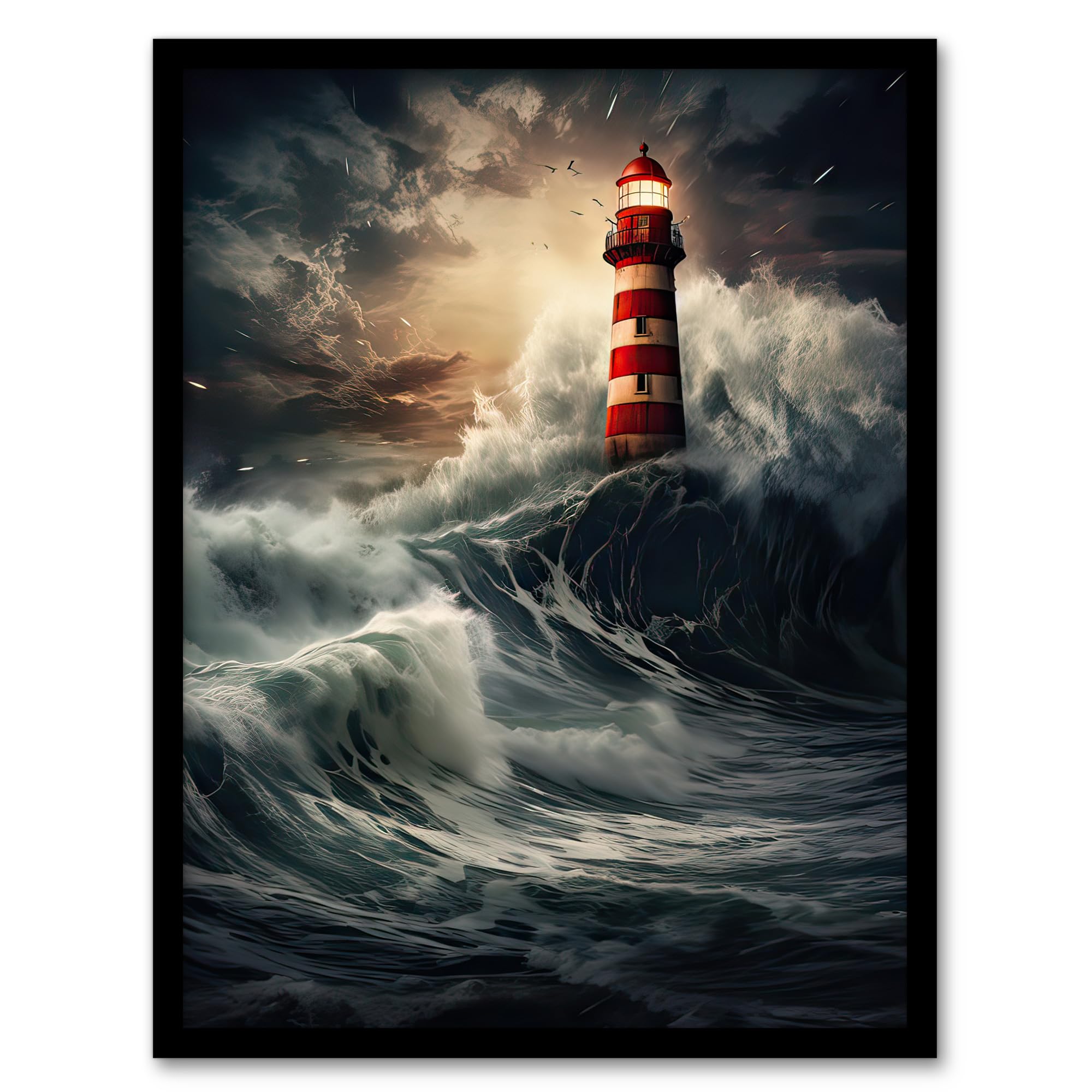 Artery8 Lighthouse Against a Stormy Sea Dramatic Seascape Artwork Framed Wall Art Print A4, Framed A4, 32.3L x 23.4W cm