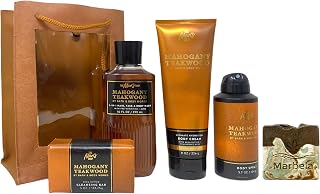 Bath & Body Works Men's Collection Mahogany Teakwood Gift Set - Body Cream - 3-in-1 Hair, Face & Body Wash - Body Spray and Cleansing Bar - with a Cabin Spice Bar Soap
