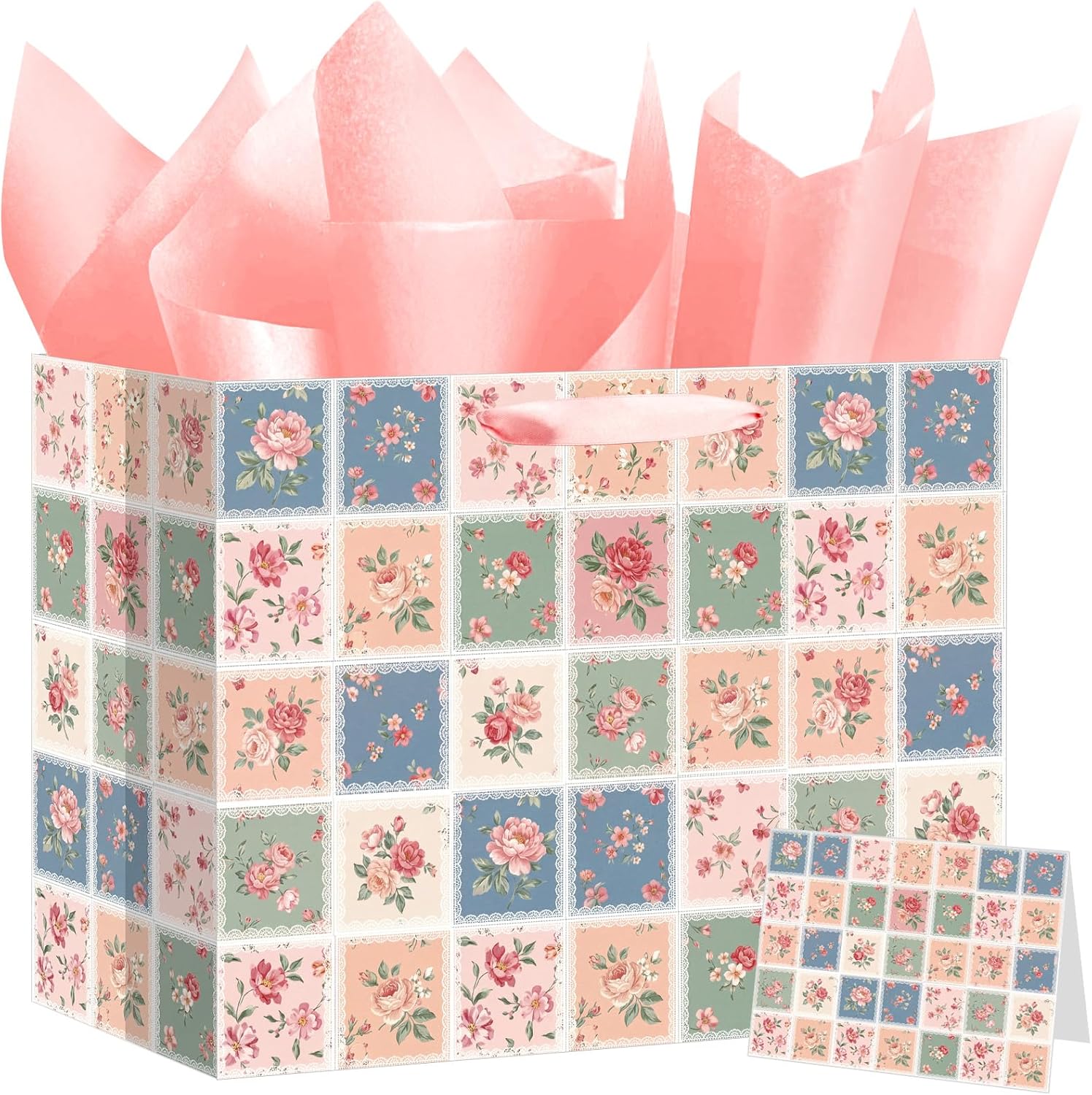 EchoElixir Large Tea Party Gift Bag with Wrapping Tissue Paper and Card, Vintage Floral Pattern Paper Bags for Women Girls Birthday Bridal Baby Shower Wedding Tea Party Supplies Decor Favors