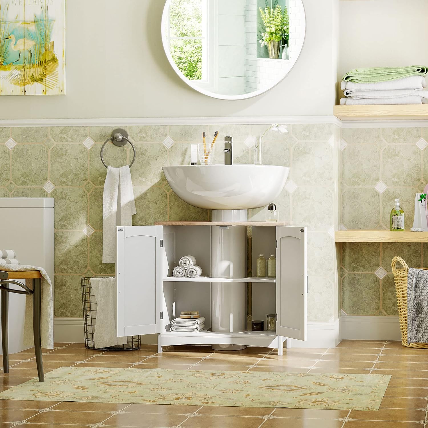 Close-up showing the aluminum alloy handles on the cabinet doors and the elevated feet of the cabinet base.