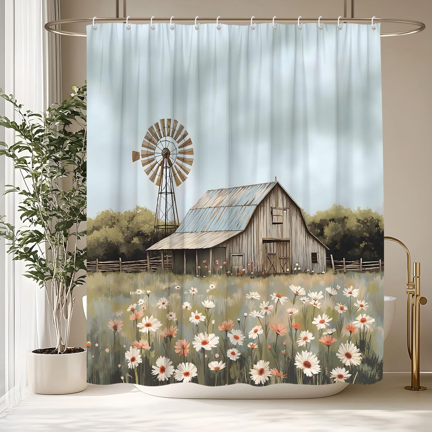Windmill Shower Curtain Rustic Floral Farmhouse Teal Retro Western Farm Wooden Barn Vintage White Daisy Flower Watercolor Natural Scenery Minimalist Aesthetic Decorative Curtain with Polyester Fabric