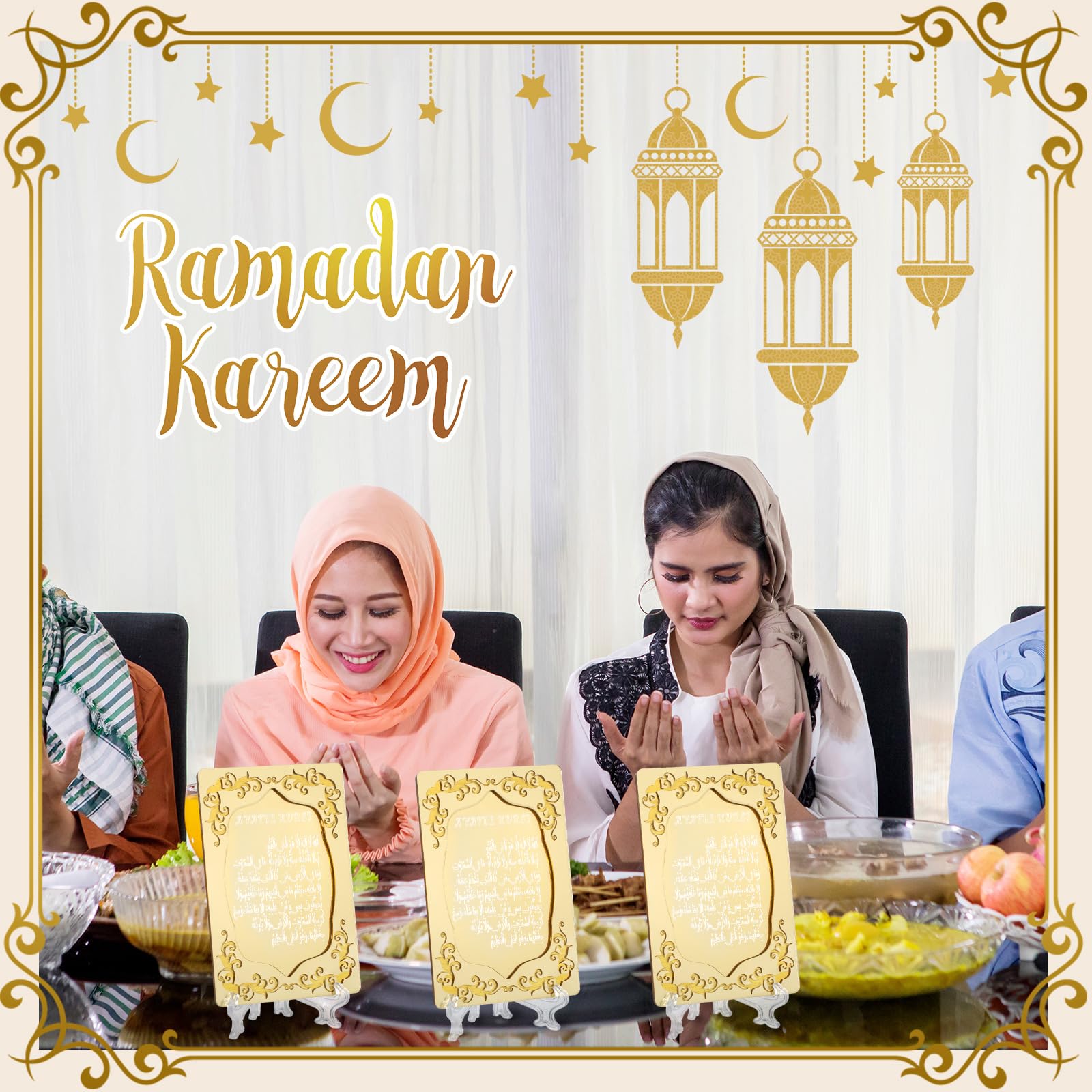 Yinkin 12 Pcs Eid al-Adha Gifts for Women Ayatul Kursi Islamic Party Favors Gifts Ramadan Muslim Wedding Table Art Room Party Decoration with Clear Stand and Gift Boxes (Gold)