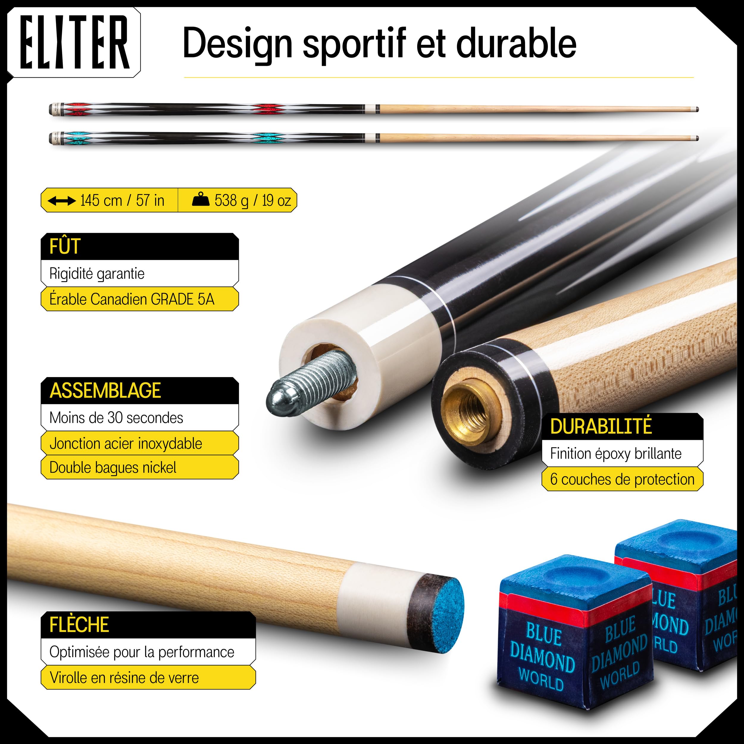 Set de 2 Cannes de Billard Americain - Queue de Billard en Bois d'érable Massif - Souple et Robuste pour Plus de Control et Précision - Design Original