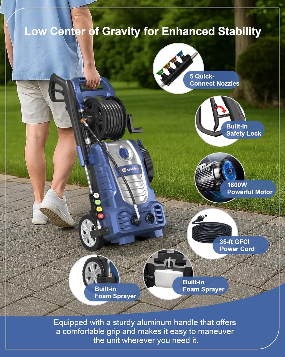 ChicWind 1800W Outdoor Cleaner Washer with 5Nozzles Set&Foam Cannon,27ft Hose,Adjustable Handle,Power Washer for Driveways,Cars,Fences,Decks,Patios&Outdoor Cleaning