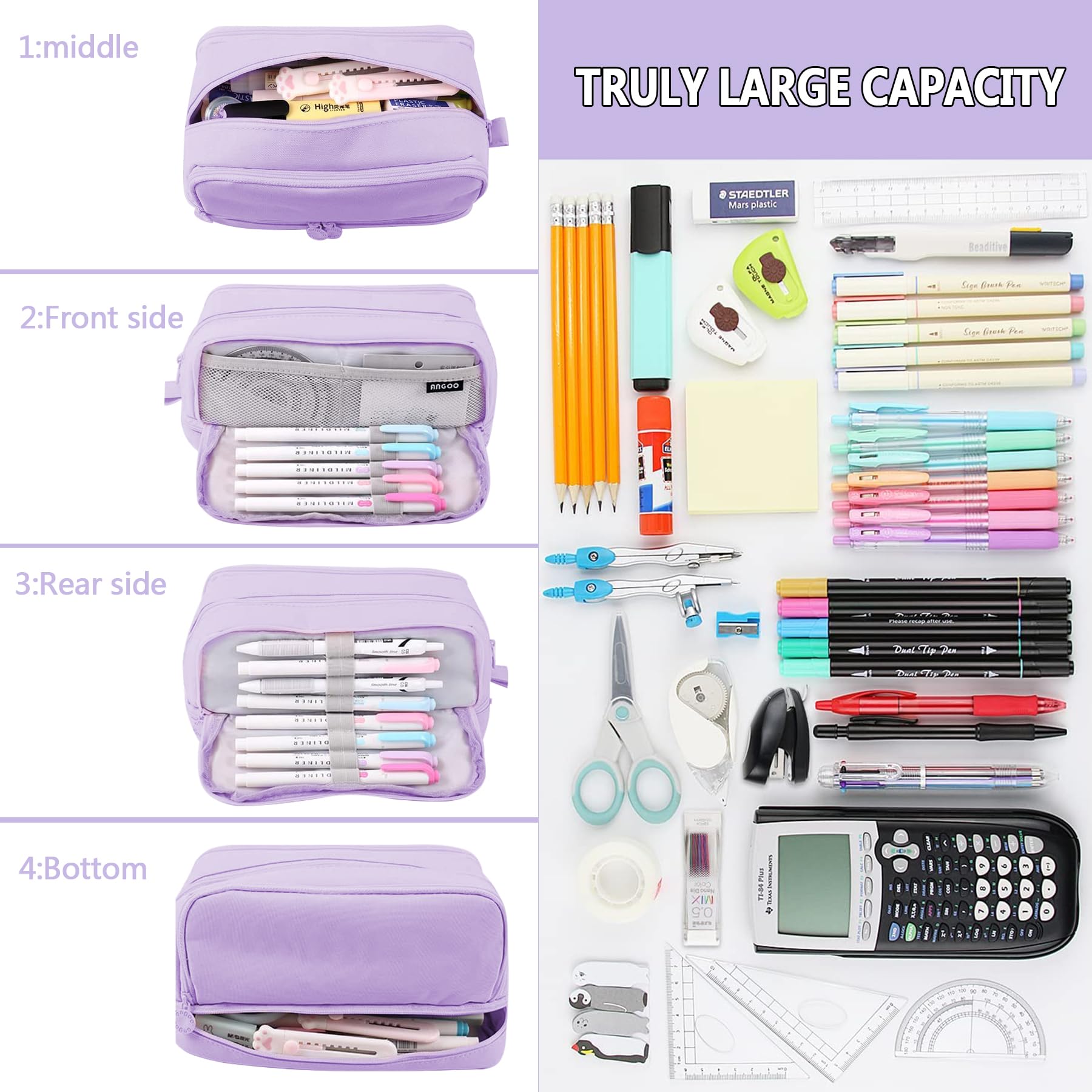 TZEKING Pencil Case Large Capacity, 4 Compartments Pencil Cases, Pencil Case Girls Teenagers, Pencil Case, Pencil Case Zip - Image 4