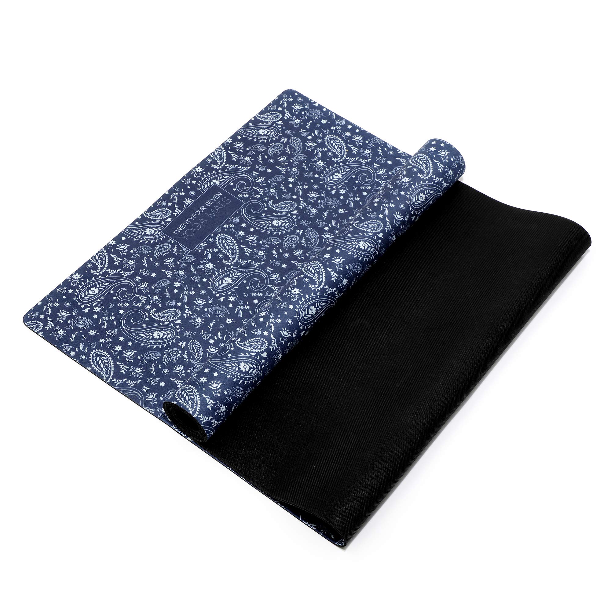 247YOGAMATS Esterilla de Yoga caucho y microfibra BLUE PAISLEY / 183 x 68 cm, 4 mm/Antideslizante/Apta lavadora/Yoga principiantes y avanzado/Cinta de transporte incluida