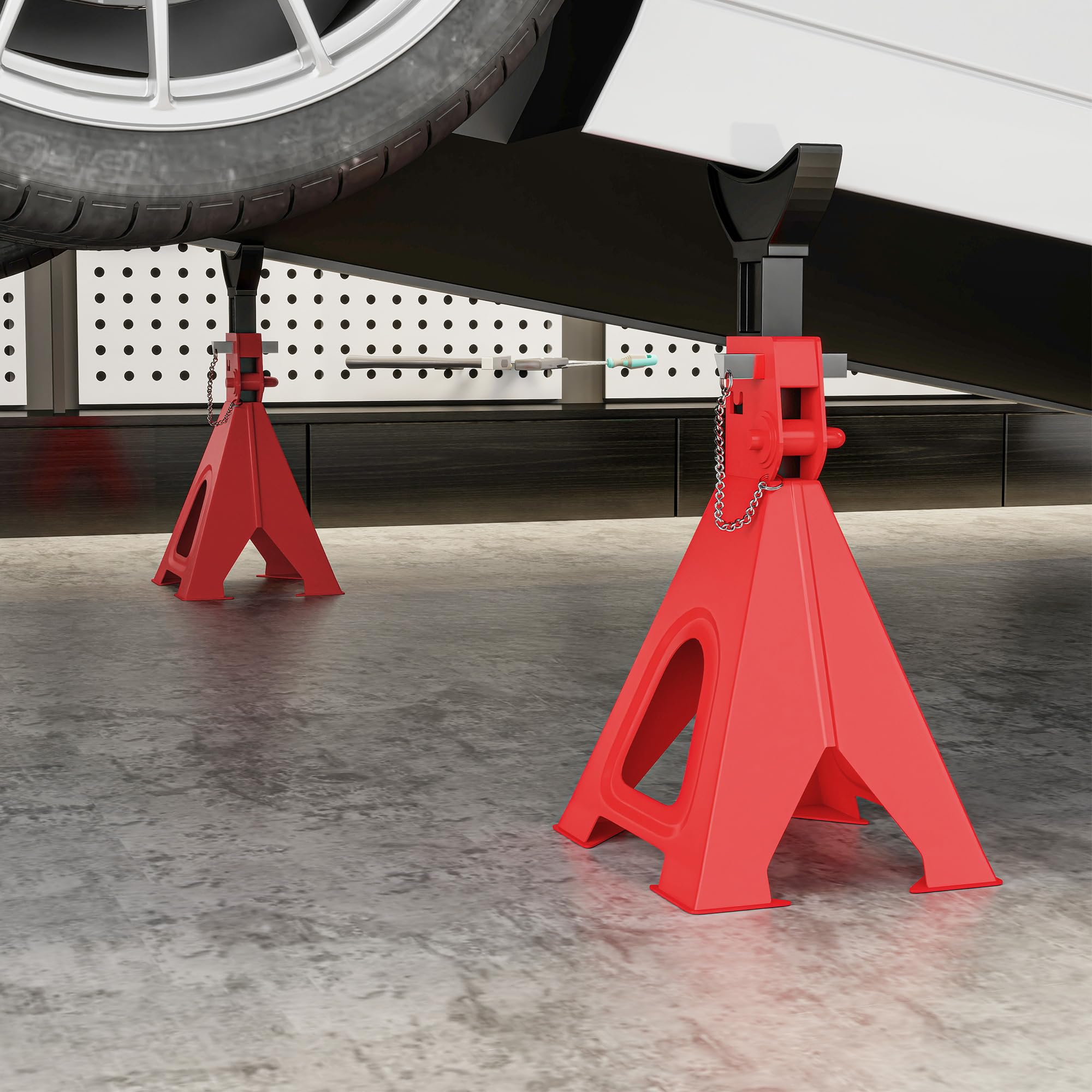 HOMCOM Cavalletti di sostegno 6 tonnellate portata 2 pezzi supporto asse inclusi 2 fermapiastre 13 livelli di altezza regolabile da 375 mm a 592 mm cavalletti per auto cricco sollevatore per officina