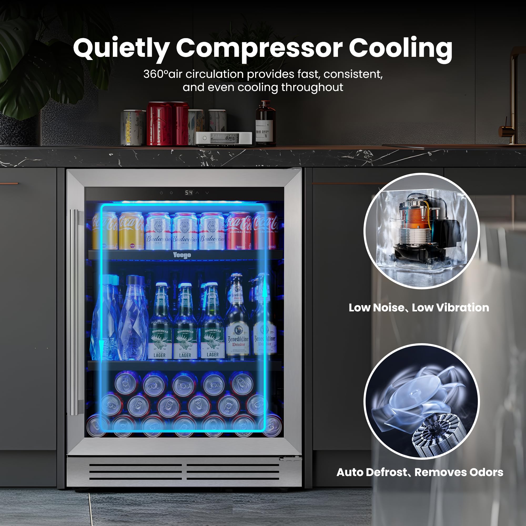 YEEGO 24 Inch Beverage Refrigerator – 180 Can Built-In Under Counter Drink Fridge With Glass Door, 34–54°F Cooling For Beer, Soda & Wine (Right-Hinged) on Fridge.com - View 3