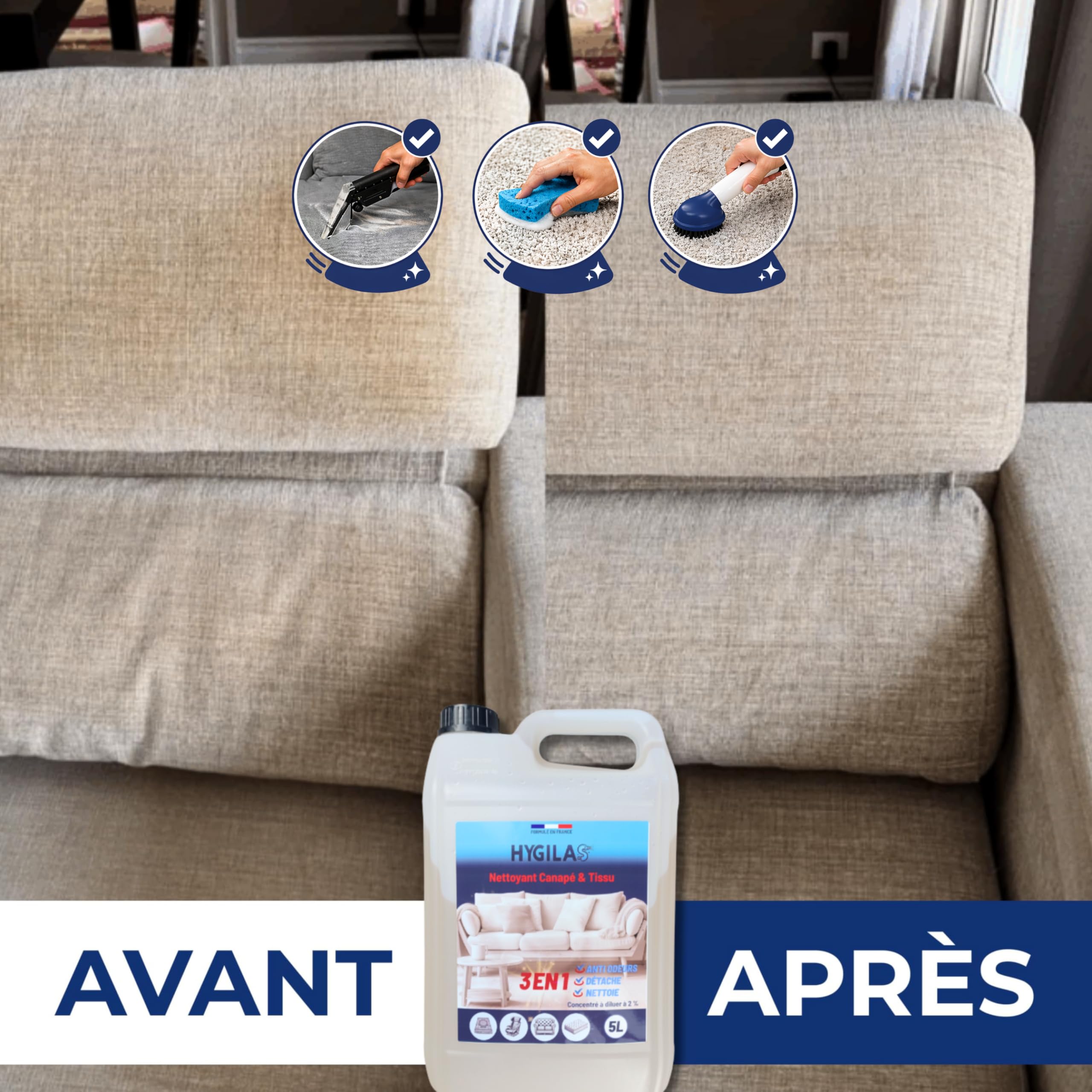HYGILAS Nettoyant Canapé & Tissu, Professionnel 5L - Concentré à Diluer - Compatible Injection/Extraction & Shampouineuse - Matelas, Tapis, Moquette