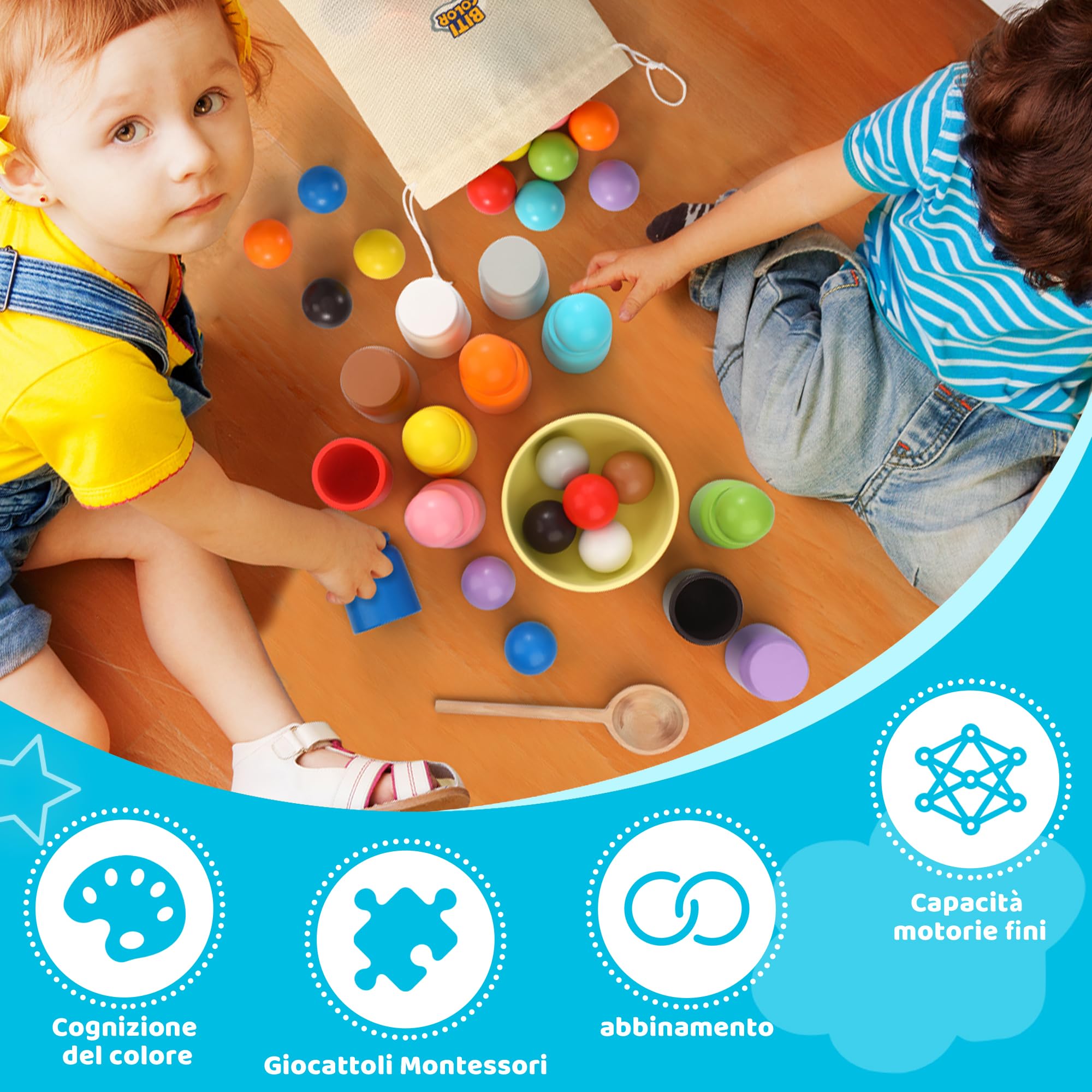 Palla in Tazza Giocattolo montessoriano in Legno per Giochi Legno la la Selezione dei Colori dell'arcobaleno per i Bambini della Scuola Materna - 12 Palle da 40 mm