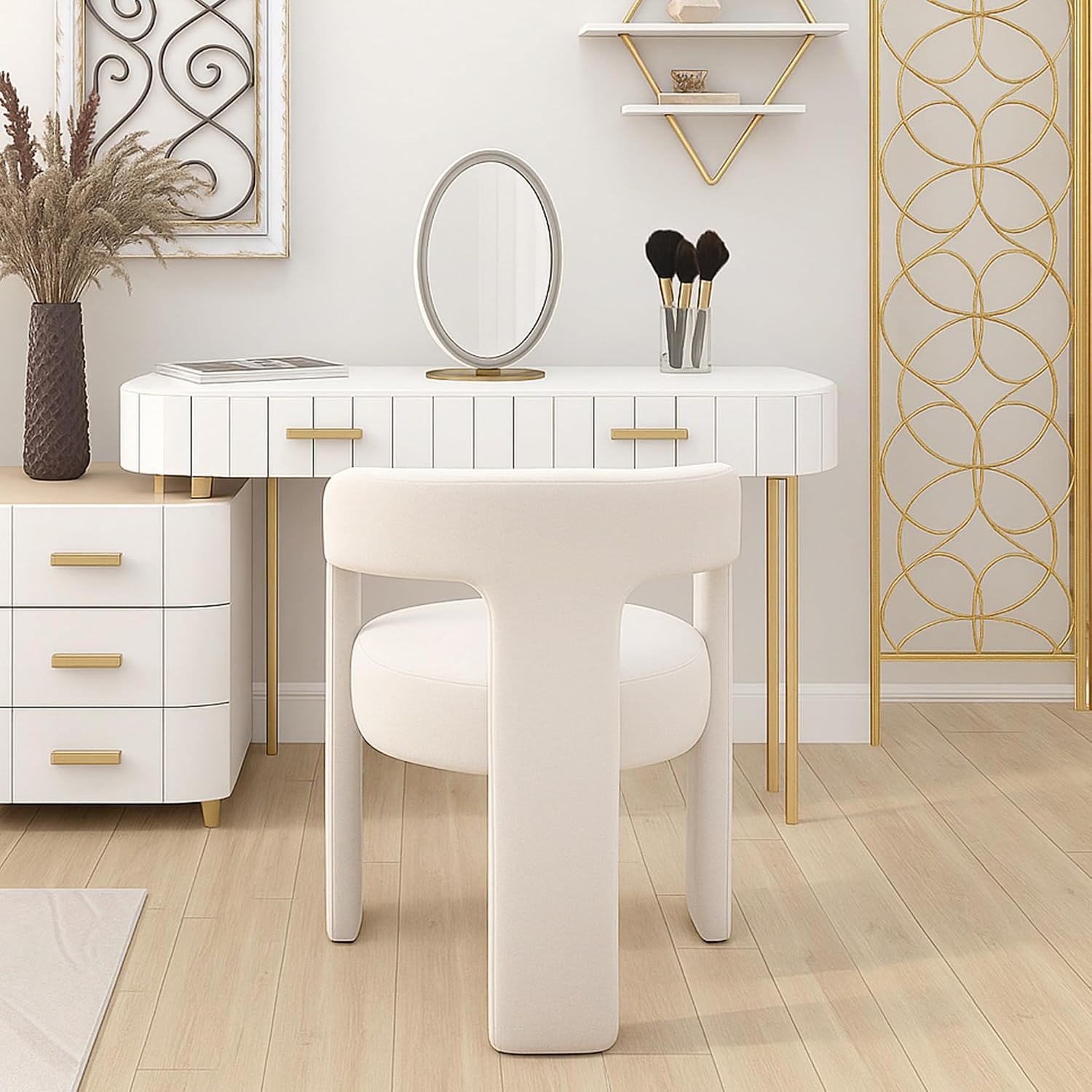 HNY Modern Barrel Kitchen & Dining Room Chair, Linen Upholstered Accent Chair with Arm, 18.5'' Wide Side Armchair Vanity Chair for Living Room Bedroom Makeup Small Spaces, Ivory
