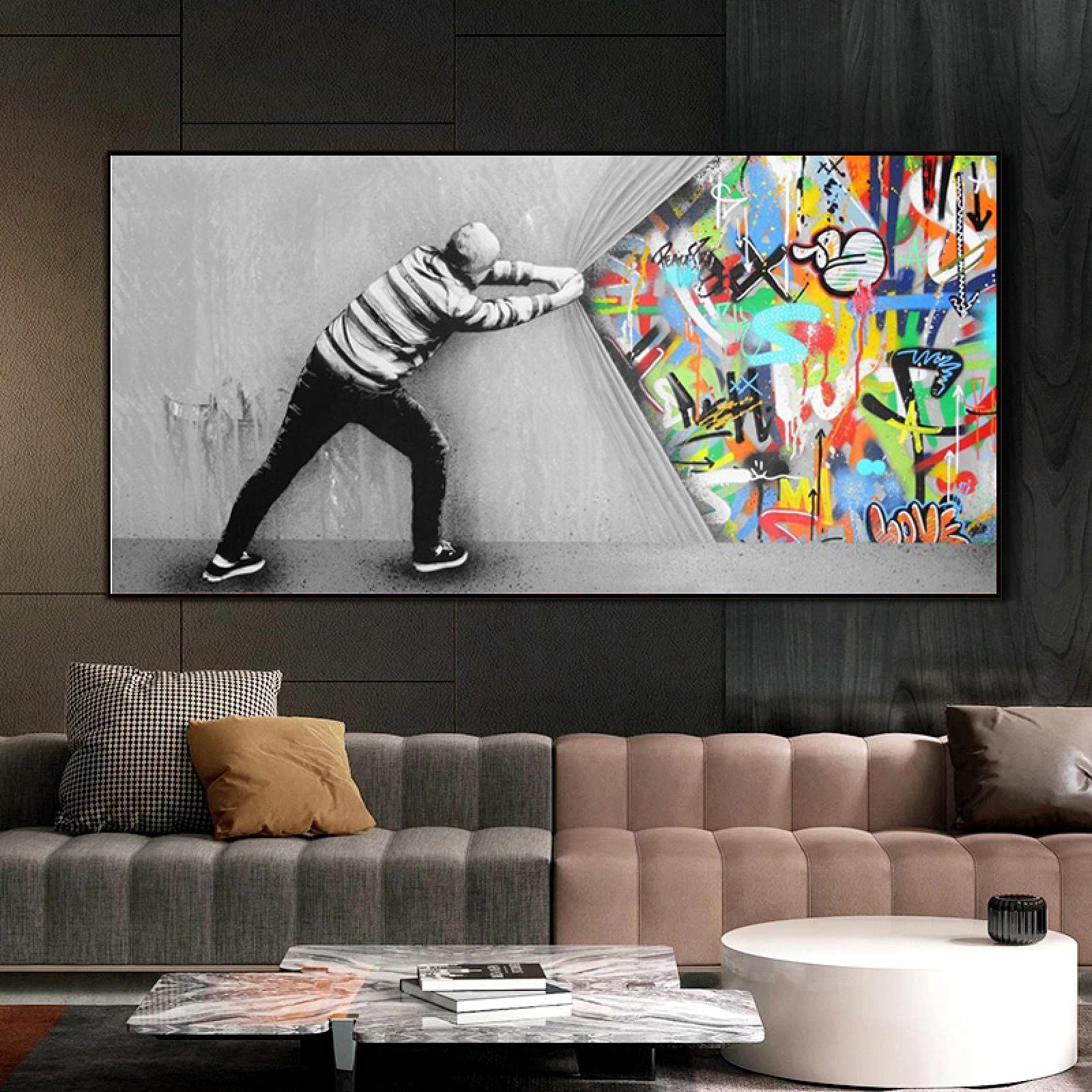 Banksy Art Graffiti canvas schilderij achter de gordijnmuur kunst posters en prints muur foto's woonkamer woondecoratie 70 x 140 cm (28 x 55 inch) binnenframe