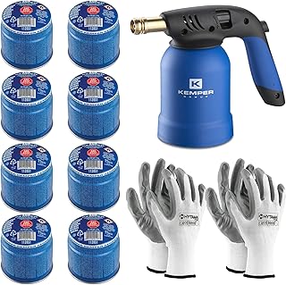 Kemper Lampe à souder + 8 bouteilles de gaz butane sûres + 2 gants gratuits | Briquet professionnel pour bricolage, barbecue, désherbage, soudage léger