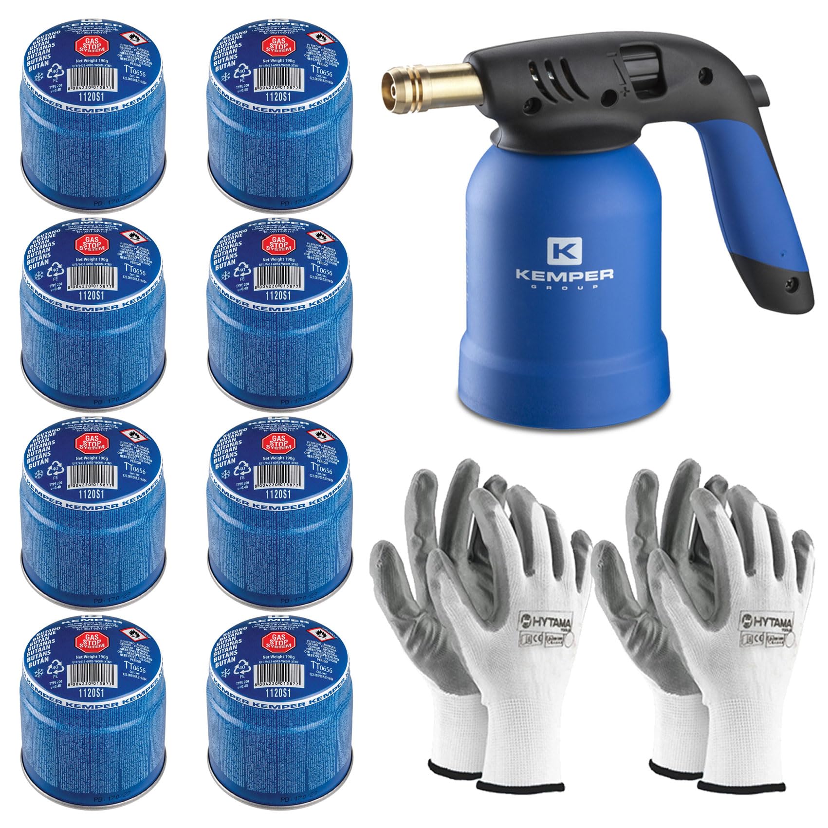 Kemper Soldering Lamp + 8 Safe Butane Gas Cylinders + 2 Free Gloves | Professional Ignition Torch for DIY, BBQ, Weeding, Light Welding