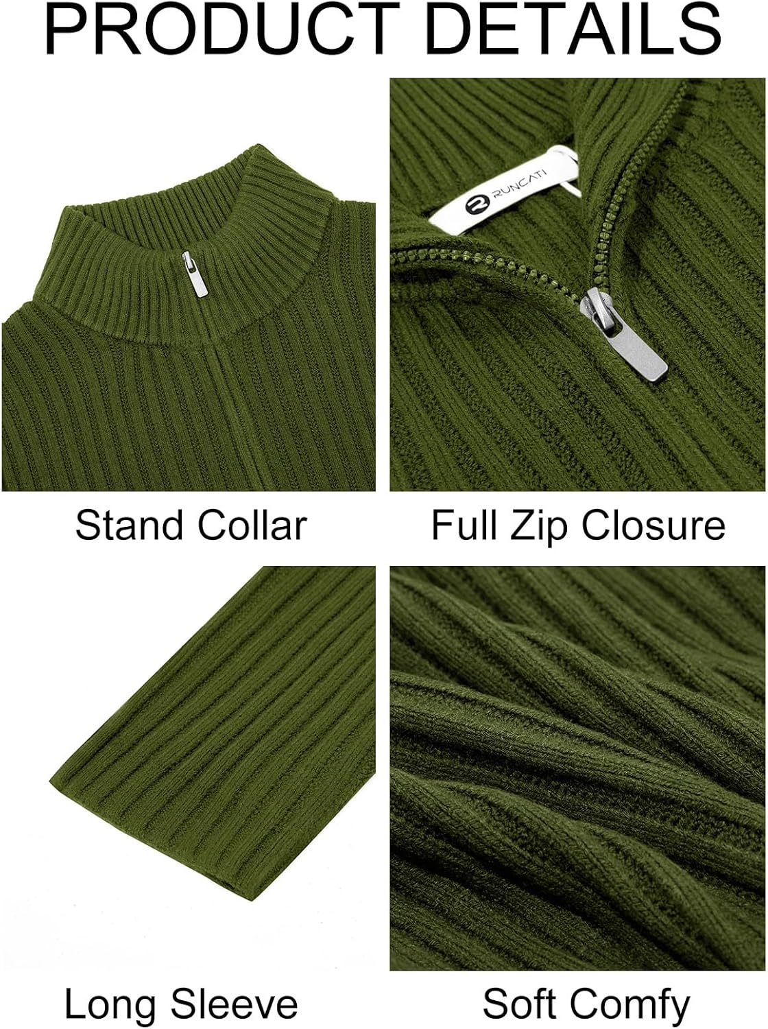 Runcati Mens Full Zip Cardigan Sweater Casual Mock Neck Ribbed Knitted Winter Chunky Sweaters - Image 5