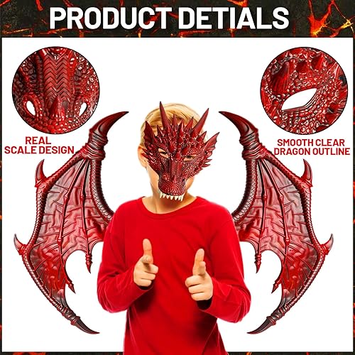 Miniatura 3 de IncreDecor Disfraz de dragón para niños, juego de máscara de cola de dinosaurio, máscara de disfraz de alas de dragón de Halloween para niños