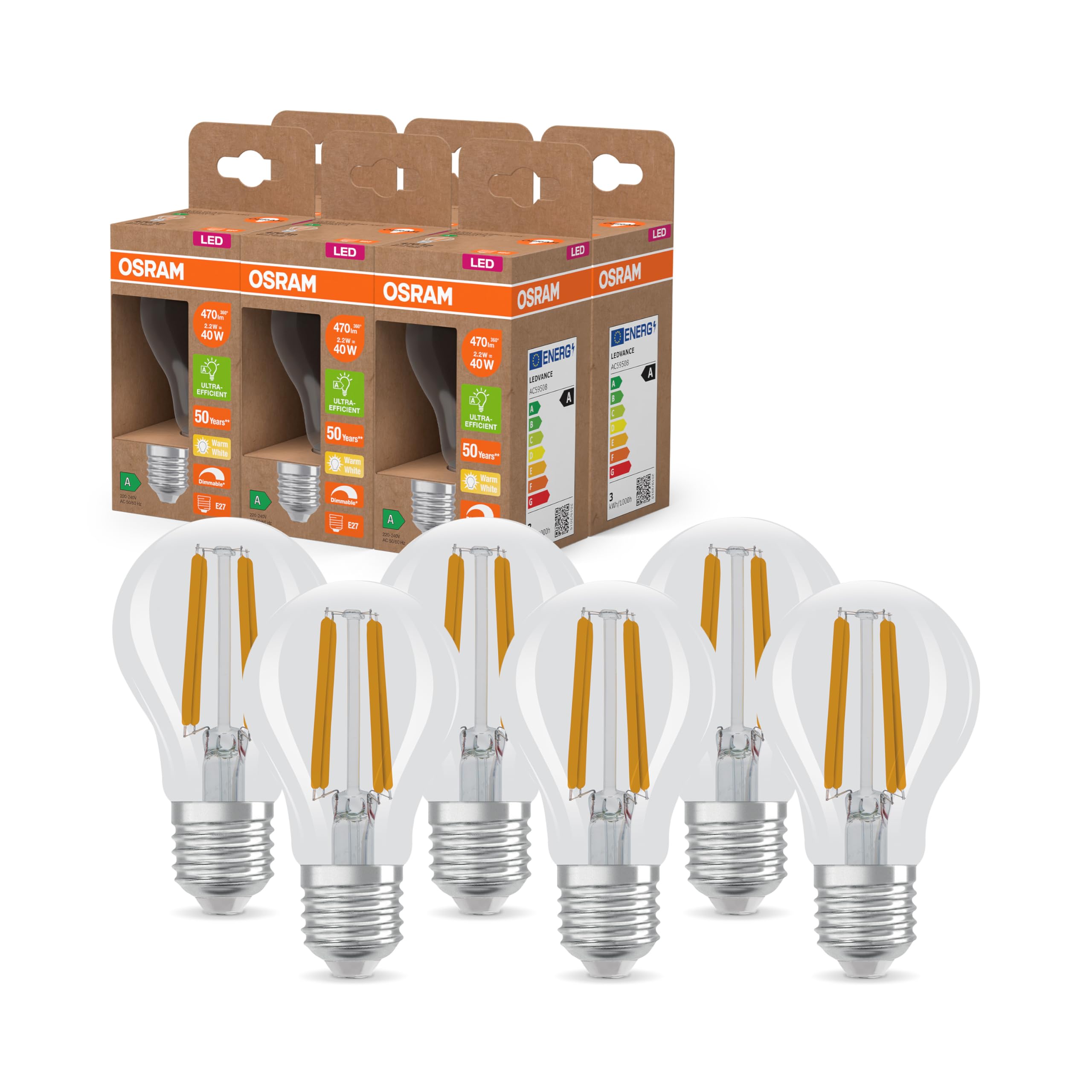 Osram Energy Class LED-Lampe in klassischer Kolbenform, 2.2 W / 470 lm, EEK A, warmweißes Licht (2700 K), CRI 80, aus klarfarbenem bleifreiem Glas, E27 Sockel, IP20, 60mm DM, dimm,6-Pack