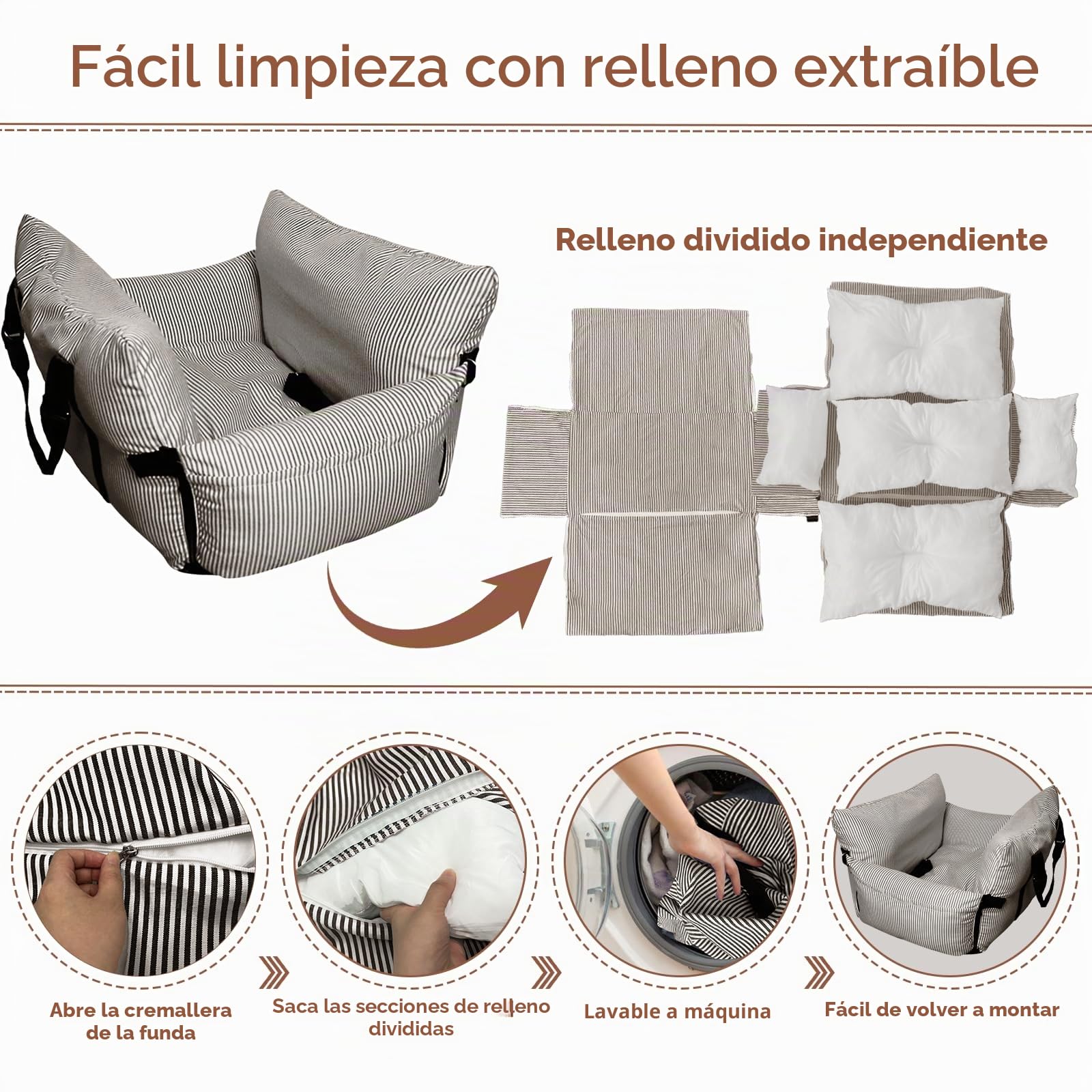 Asiento elevador de coche para perros pequeños y medianos, cinturón de seguridad, base antideslizante y bolsillos de almacenamiento